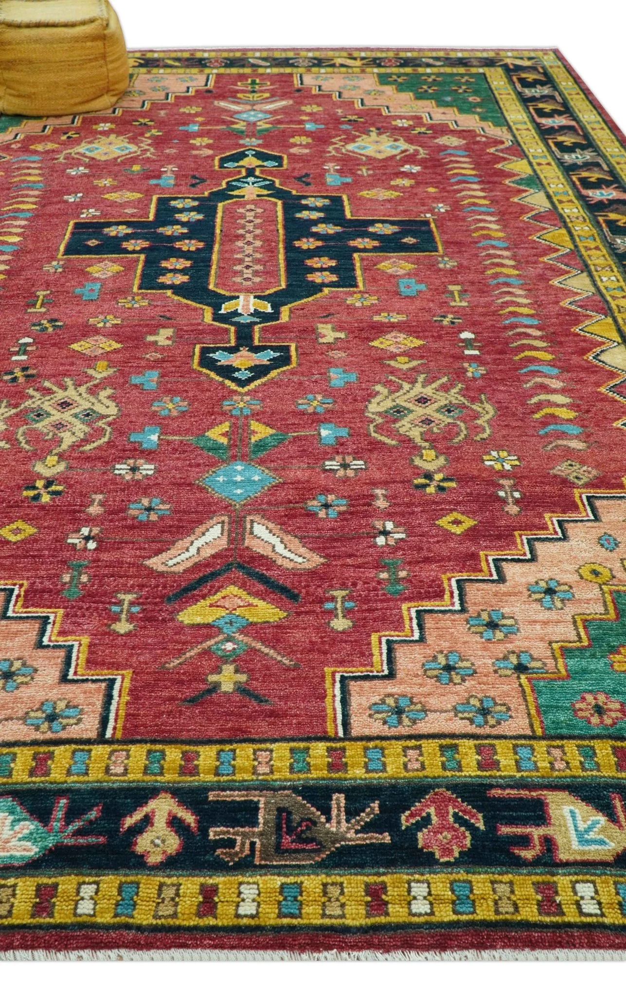 Custom Made Red And Green Traditional Heriz Design Hand Knotted Wool Rug - Image 4