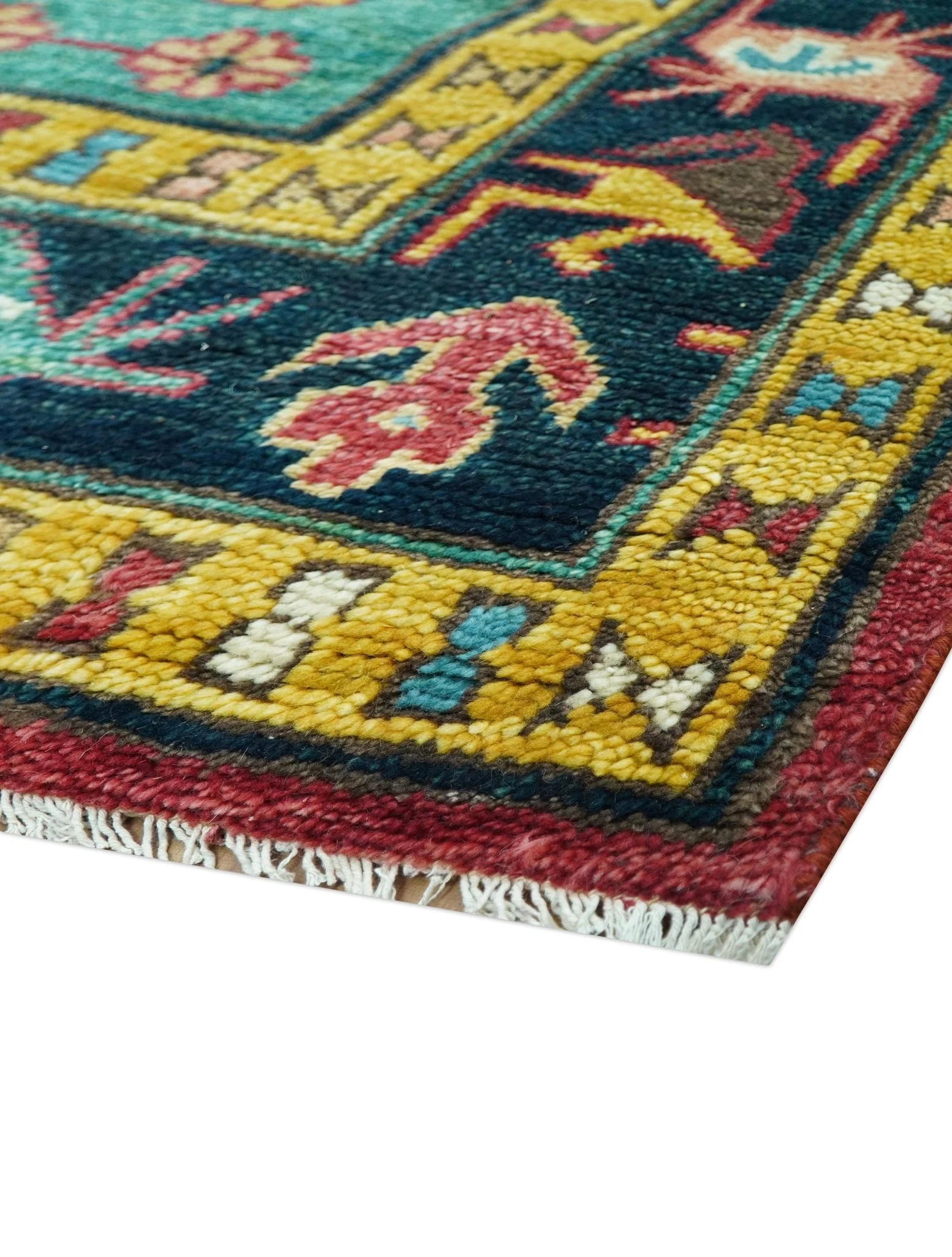 Custom Made Red And Green Traditional Heriz Design Hand Knotted Wool Rug - Image 6