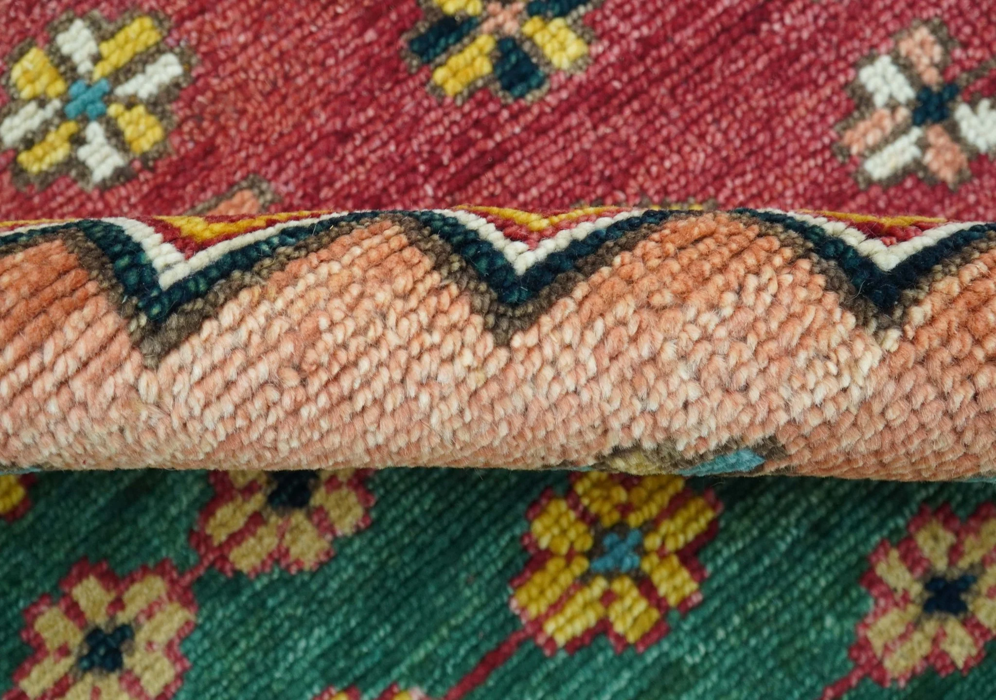 Custom Made Red And Green Traditional Heriz Design Hand Knotted Wool Rug - Image 9
