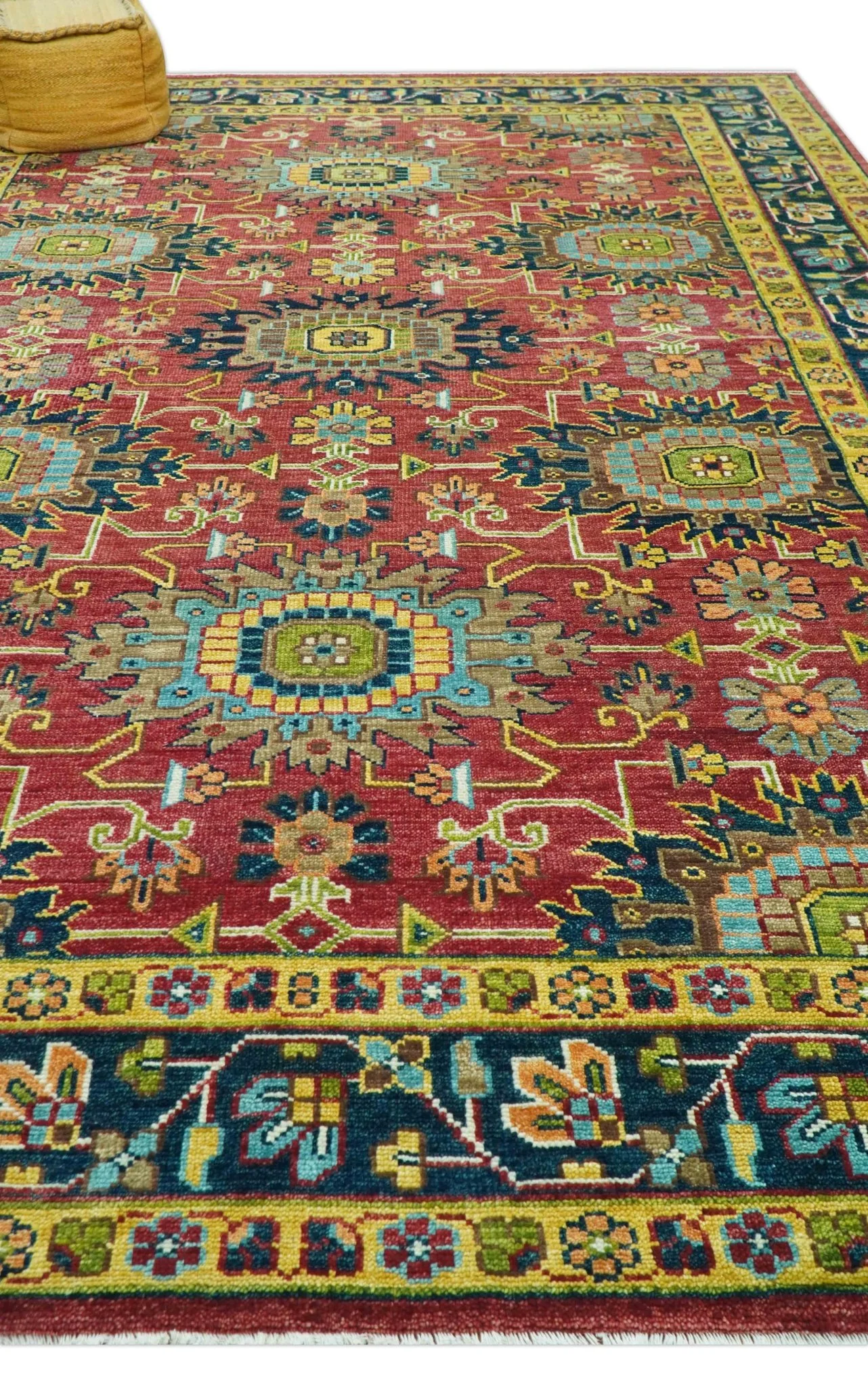 Custom Made Red And Mustard Traditional Floral Design Hand Knotted Wool Rug - Image 11