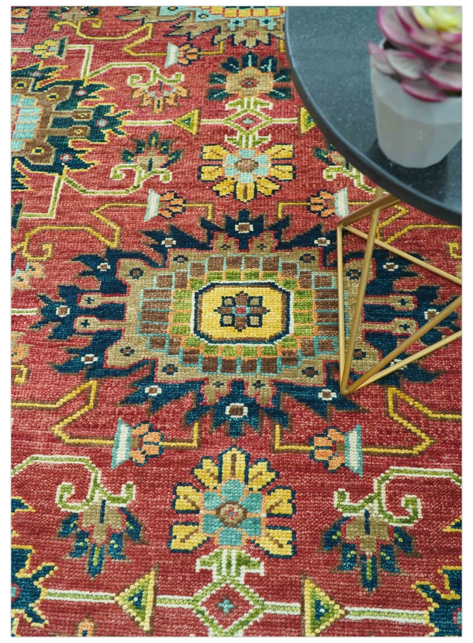 Custom Made Red And Mustard Traditional Floral Design Hand Knotted Wool Rug - Image 3