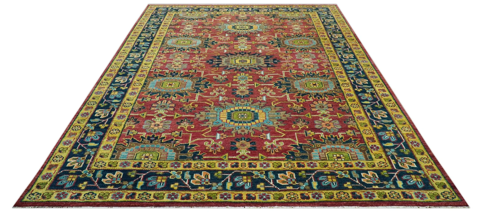 Custom Made Red And Mustard Traditional Floral Design Hand Knotted Wool Rug - Image 4