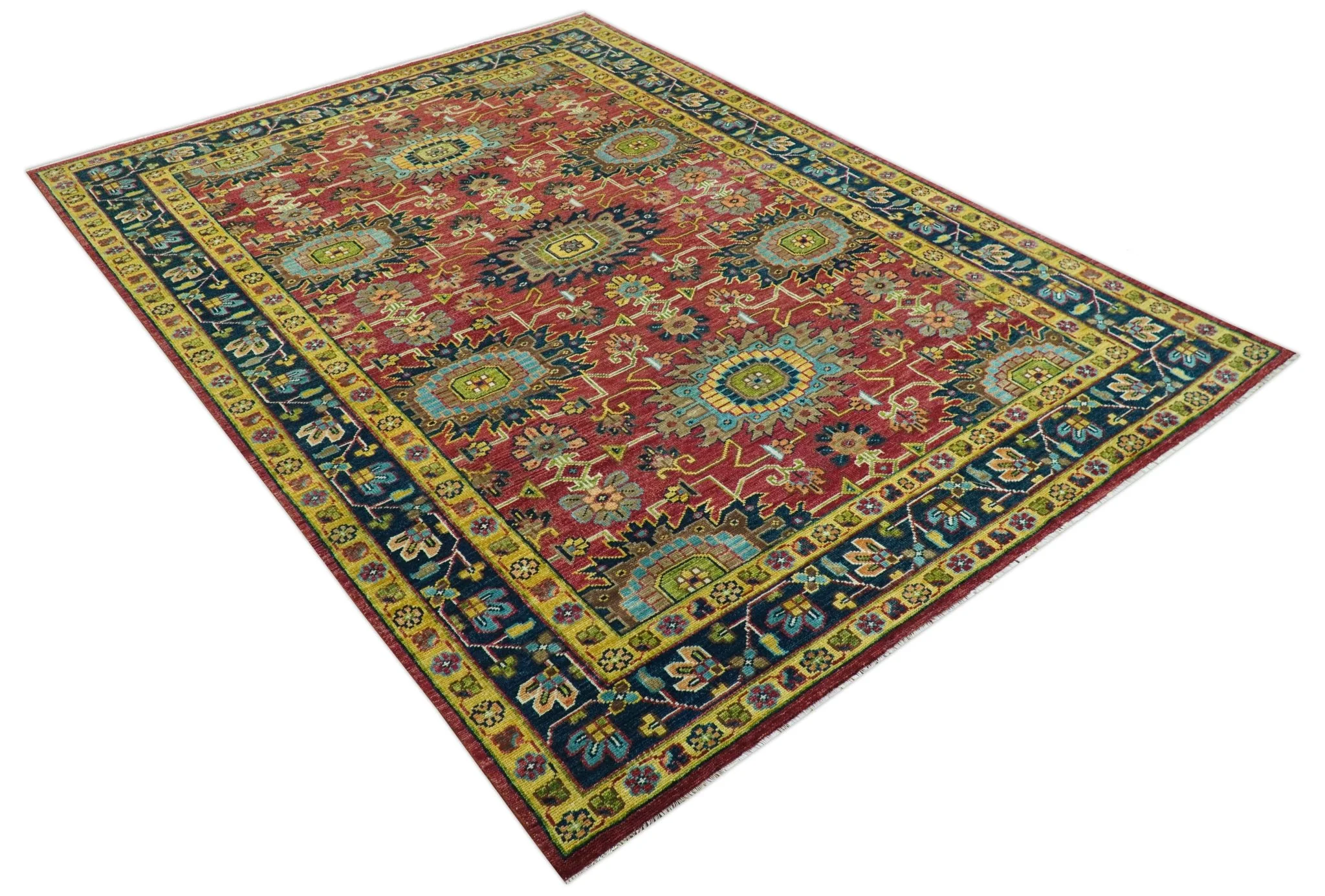 Custom Made Red And Mustard Traditional Floral Design Hand Knotted Wool Rug - Image 5