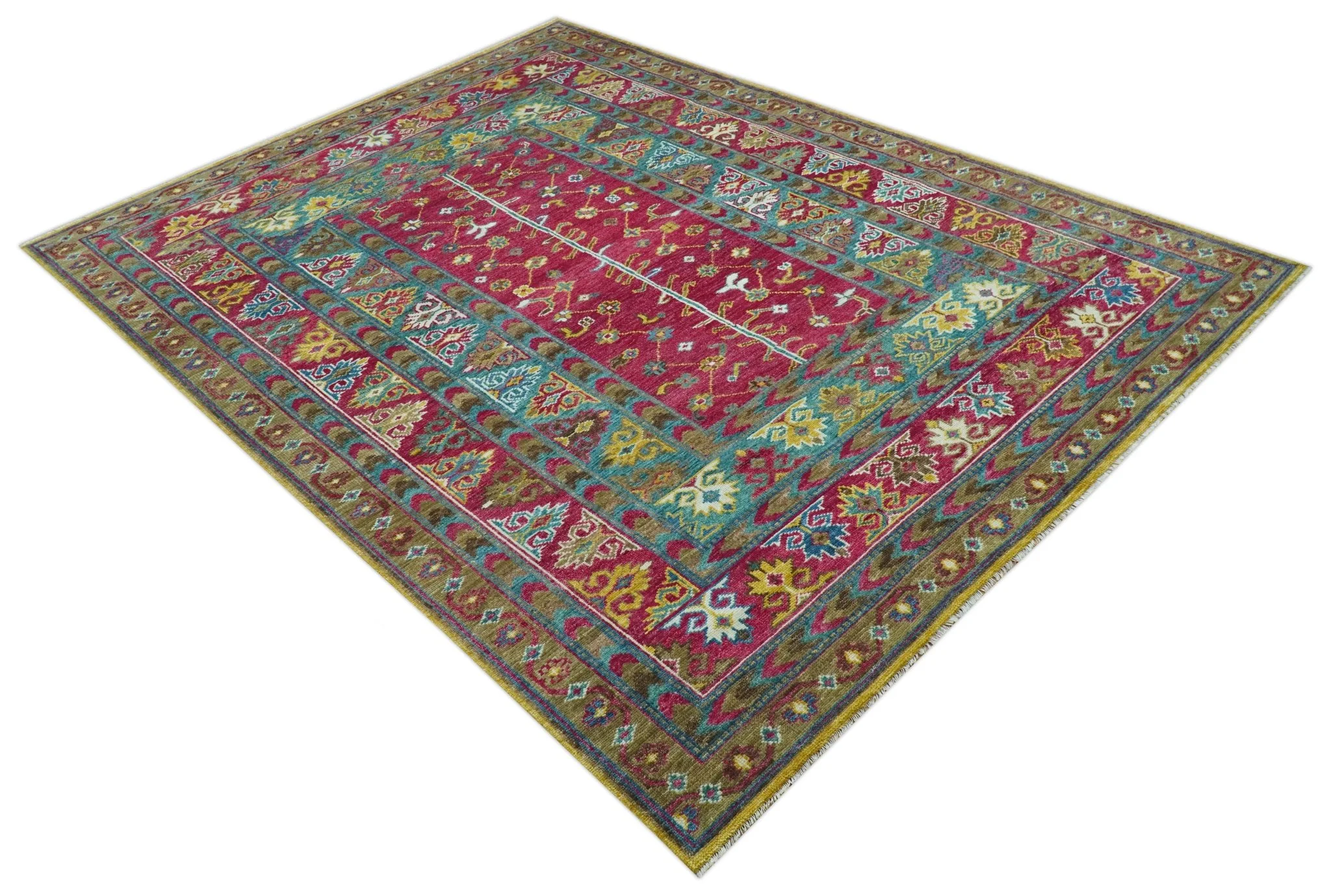 Custom Made Red And Olive Traditional Floral Design Hand Knotted Wool Rug - Image 11