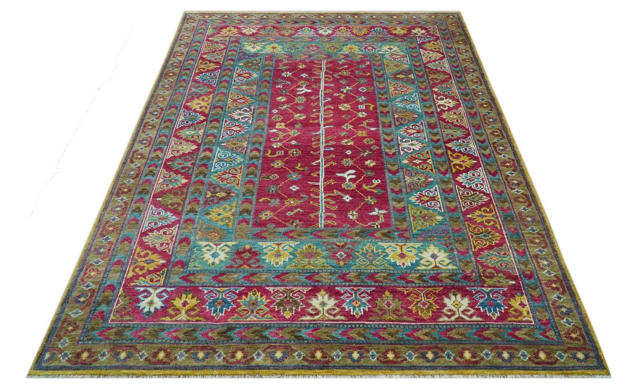 Custom Made Red And Olive Traditional Floral Design Hand Knotted Wool Rug - Image 4