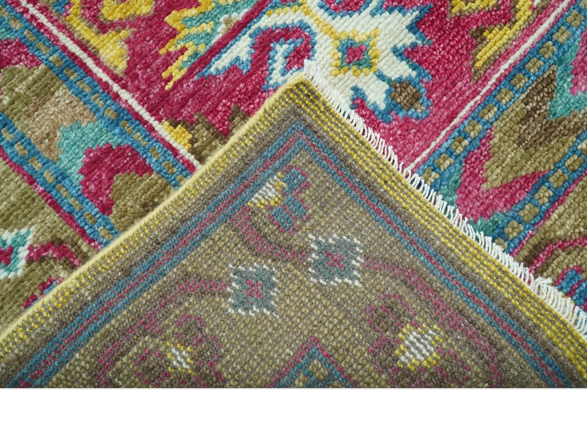 Custom Made Red And Olive Traditional Floral Design Hand Knotted Wool Rug - Image 5