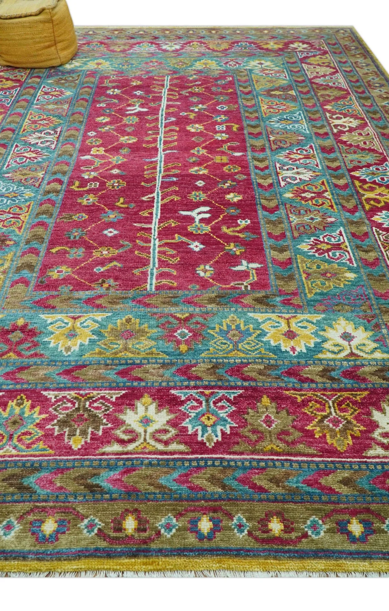 Custom Made Red And Olive Traditional Floral Design Hand Knotted Wool Rug - Image 8