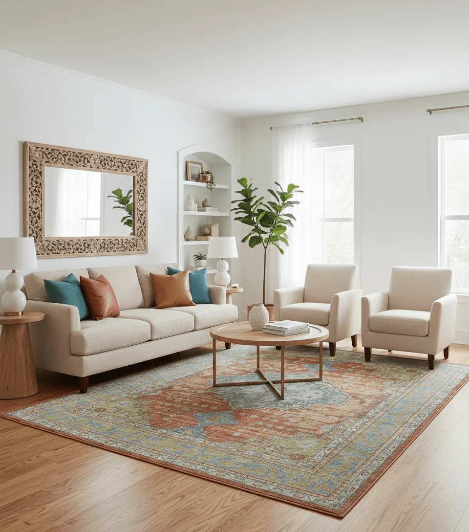 Idris Custom Made Peach, Rust And Beige Turkish Design Hand Knotted Wool Rug - Image 2