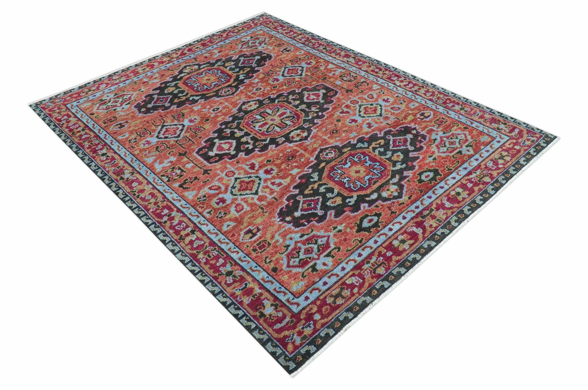 Custom Made Rust And Black Traditional Medallions Design Hand Knotted Wool Rug - Image 11