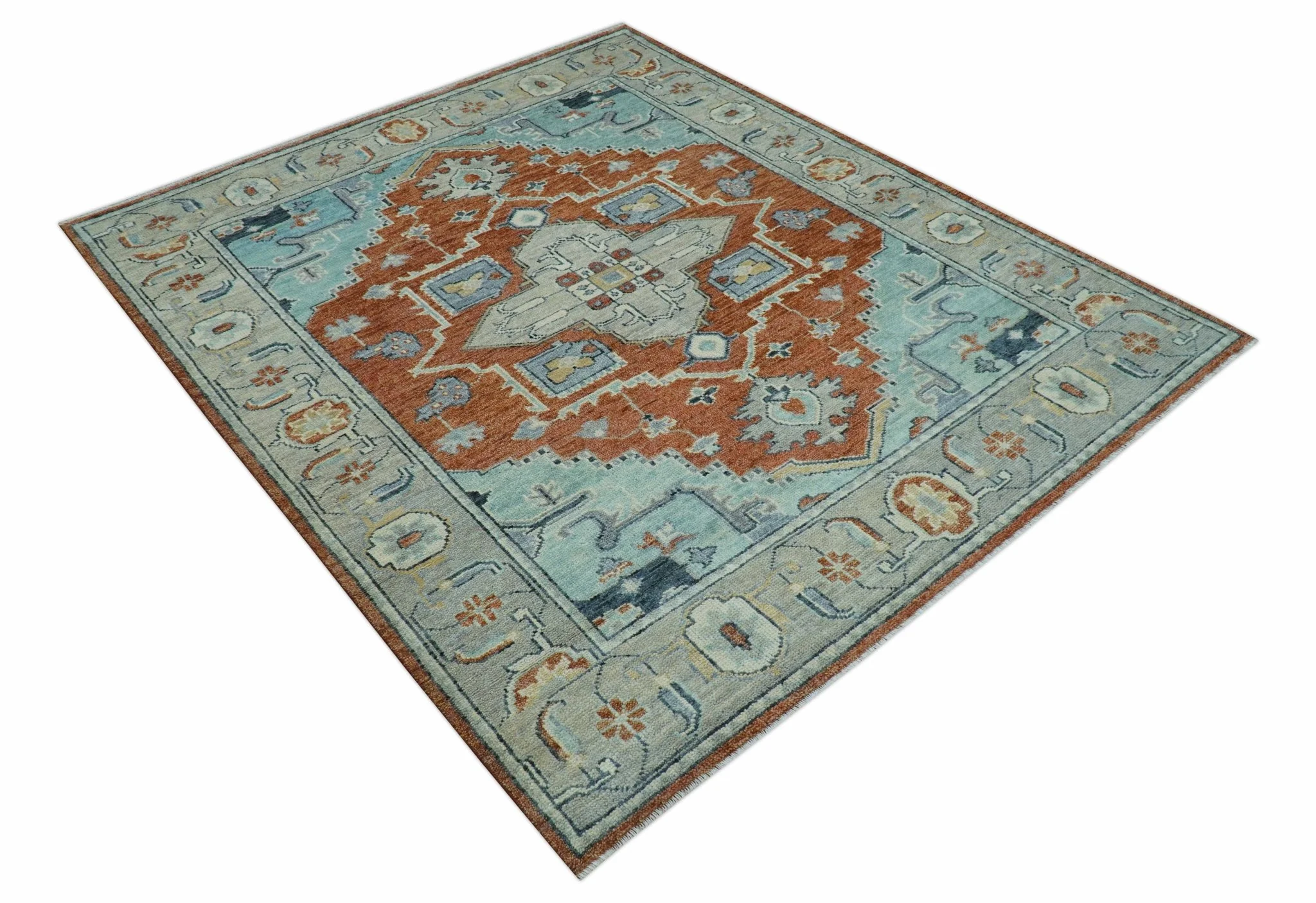 Custom Made Rust And Blue Traditional Serapi Design Hand Knotted Wool Rug - Image 11