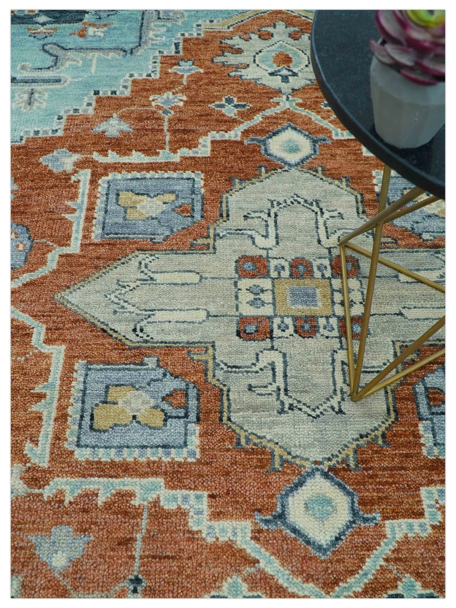 Custom Made Rust And Blue Traditional Serapi Design Hand Knotted Wool Rug - Image 3