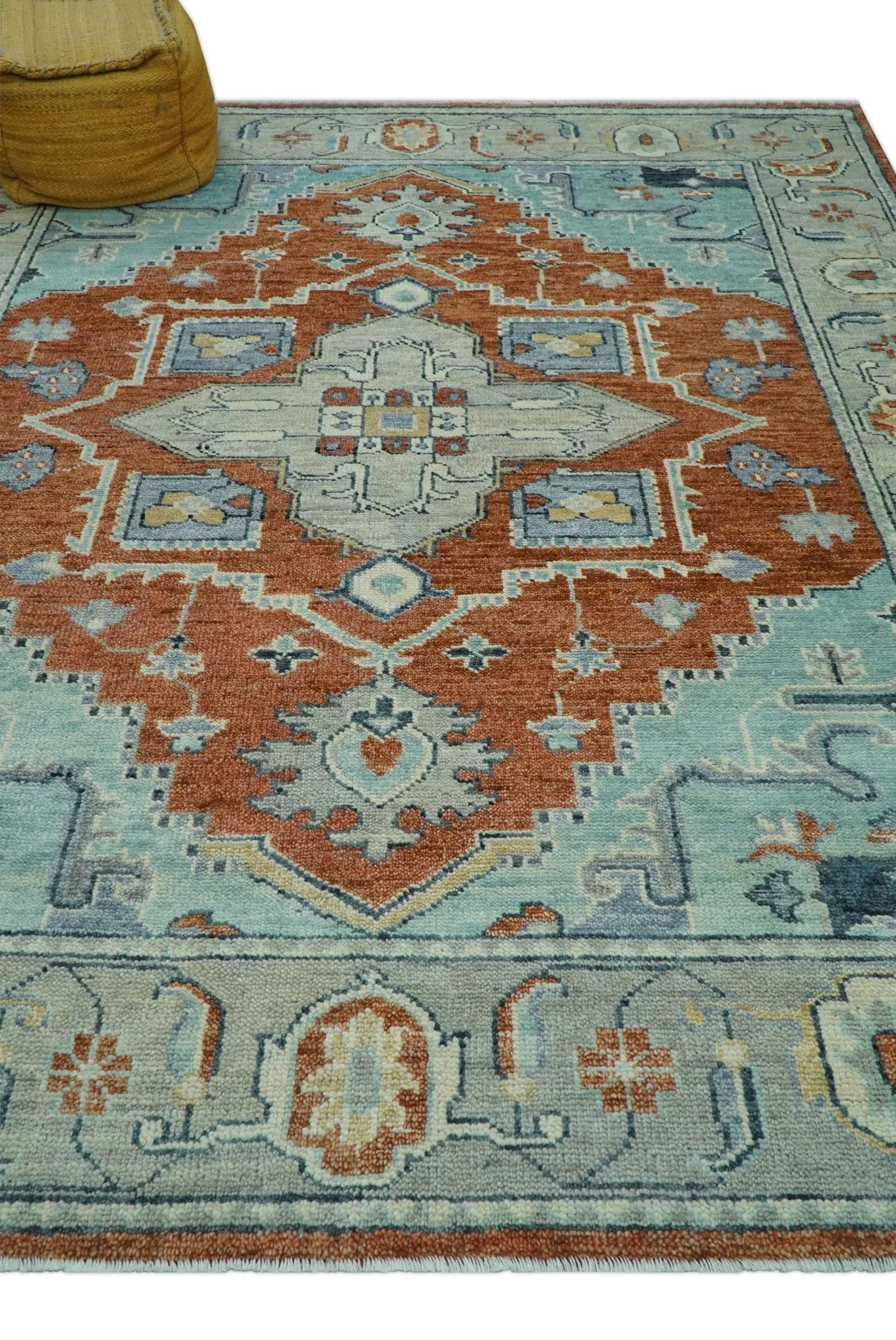 Custom Made Rust And Blue Traditional Serapi Design Hand Knotted Wool Rug - Image 4
