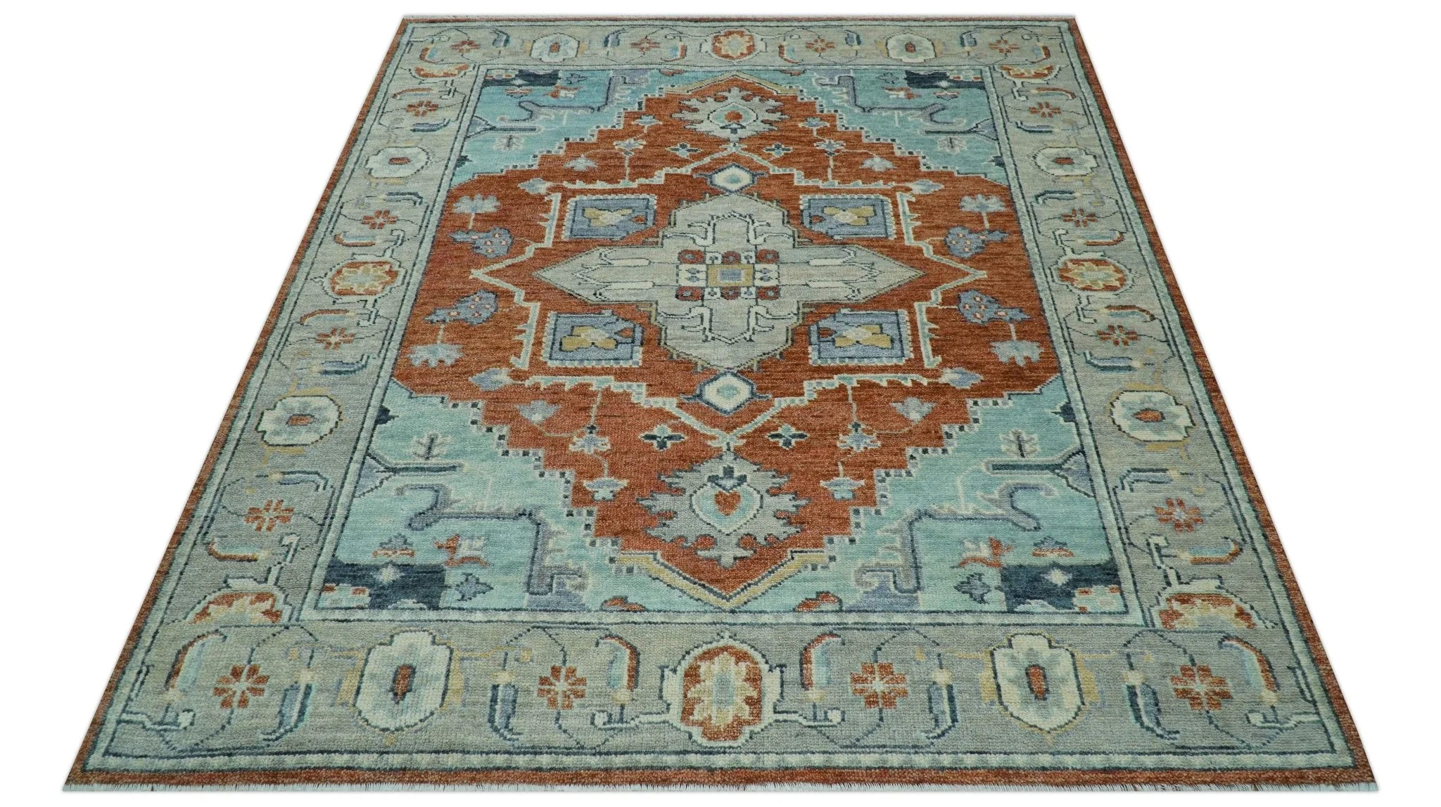 Custom Made Rust And Blue Traditional Serapi Design Hand Knotted Wool Rug - Image 5