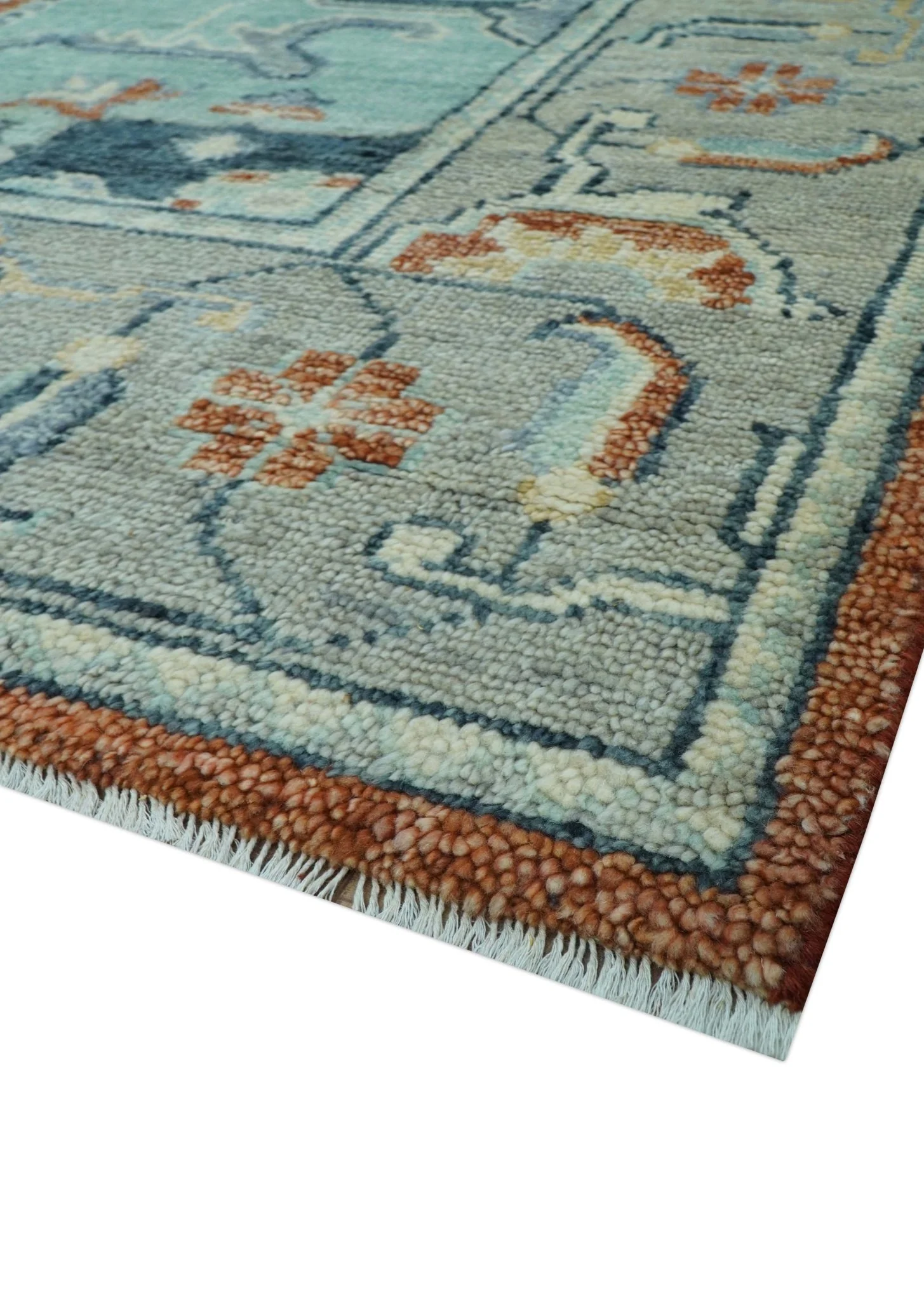 Custom Made Rust And Blue Traditional Serapi Design Hand Knotted Wool Rug - Image 7