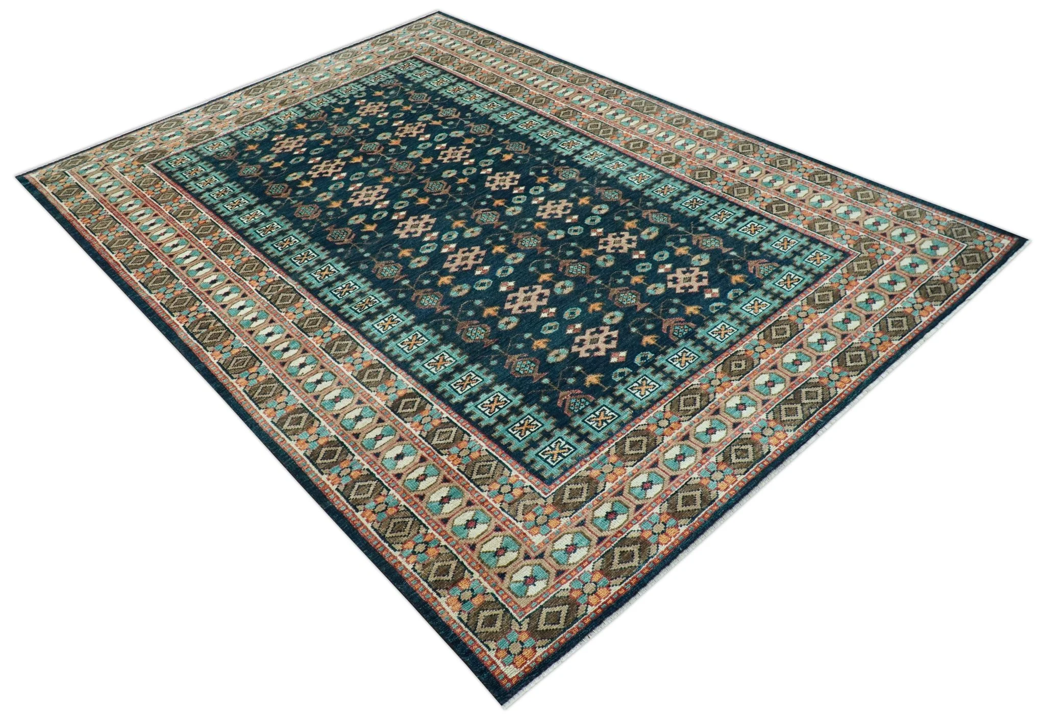 Custom Made Teal And Brown Traditional Tribal Design Hand Knotted Wool Rug - Image 10