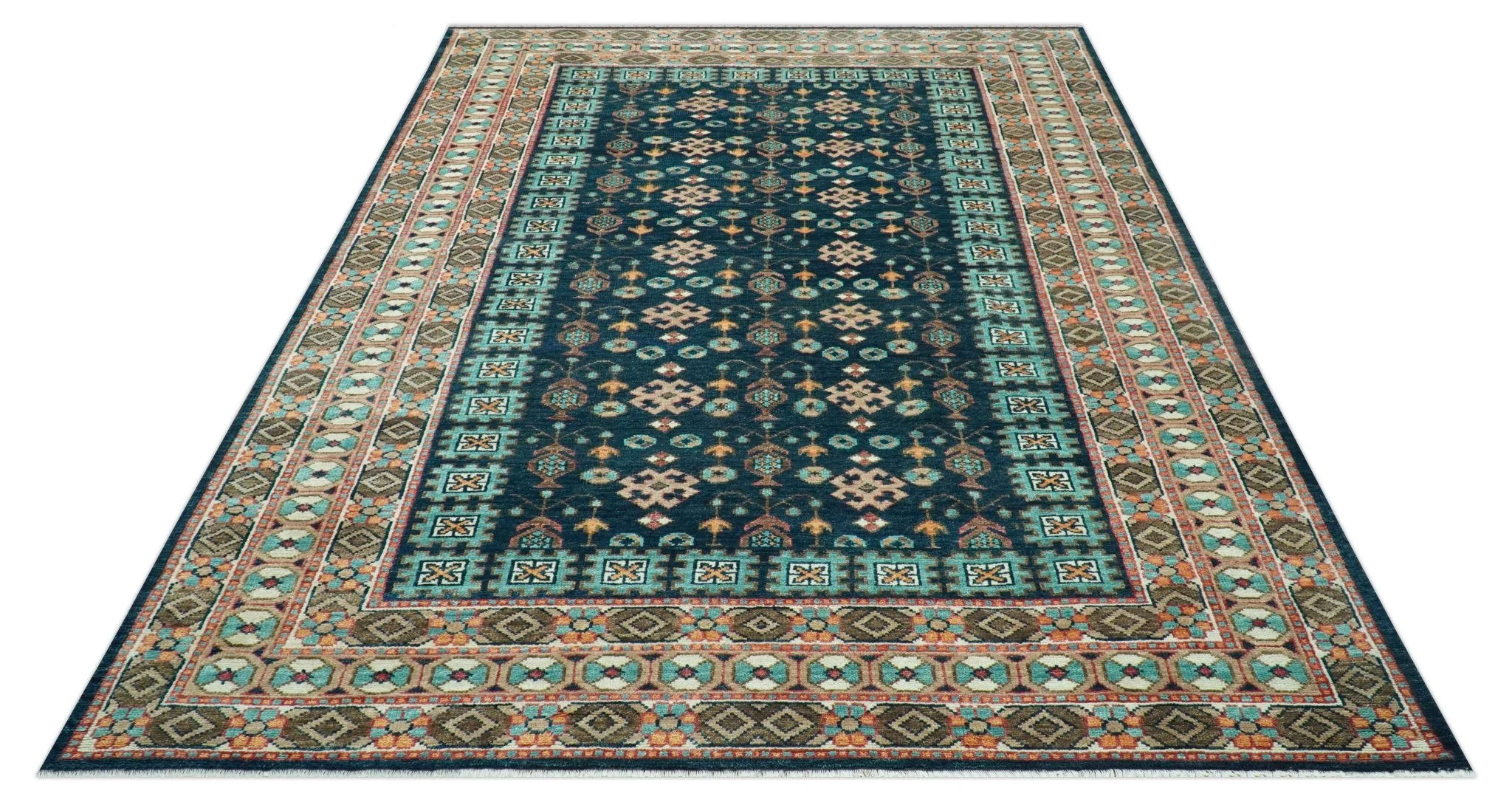 Custom Made Teal And Brown Traditional Tribal Design Hand Knotted Wool Rug - Image 11