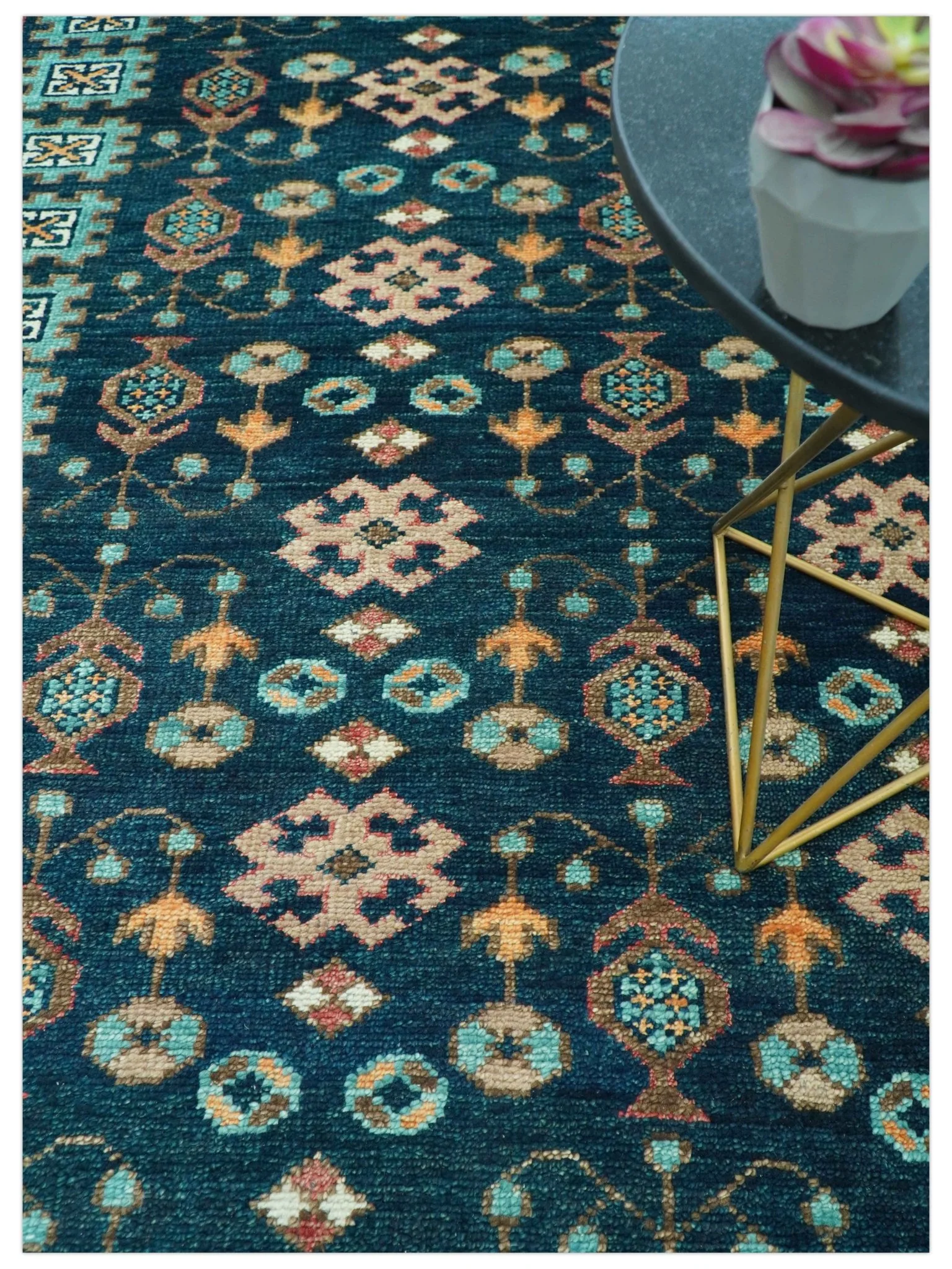 Custom Made Teal And Brown Traditional Tribal Design Hand Knotted Wool Rug - Image 3