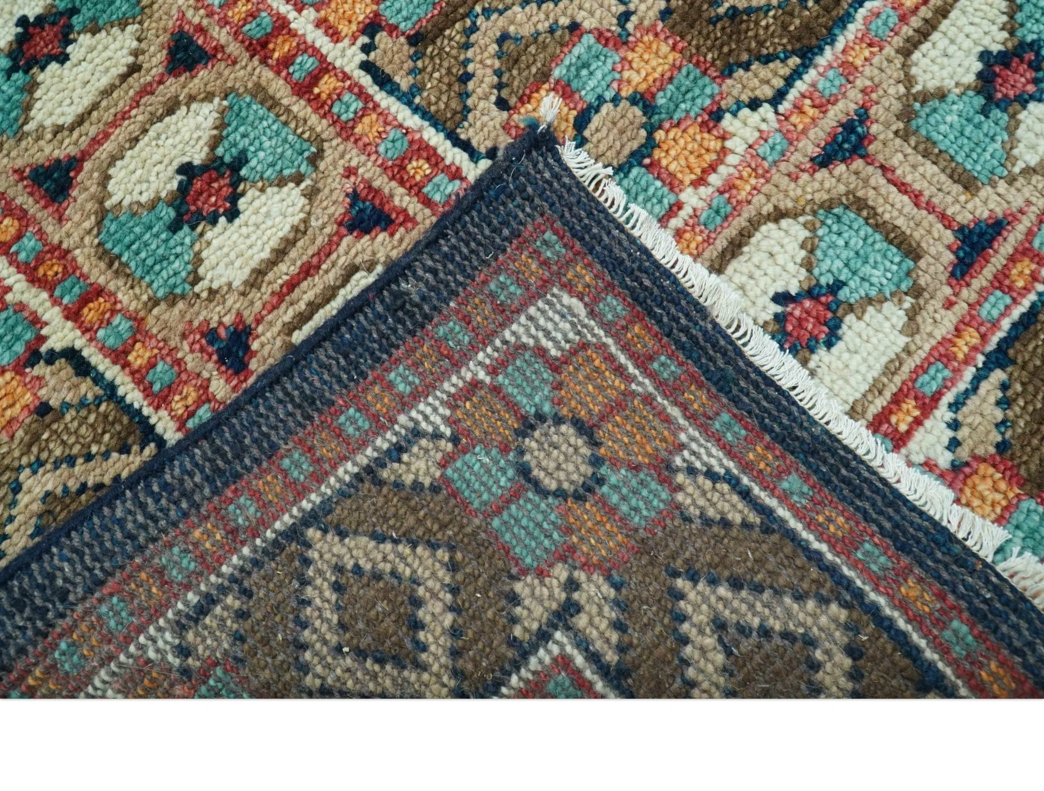 Custom Made Teal And Brown Traditional Tribal Design Hand Knotted Wool Rug - Image 4