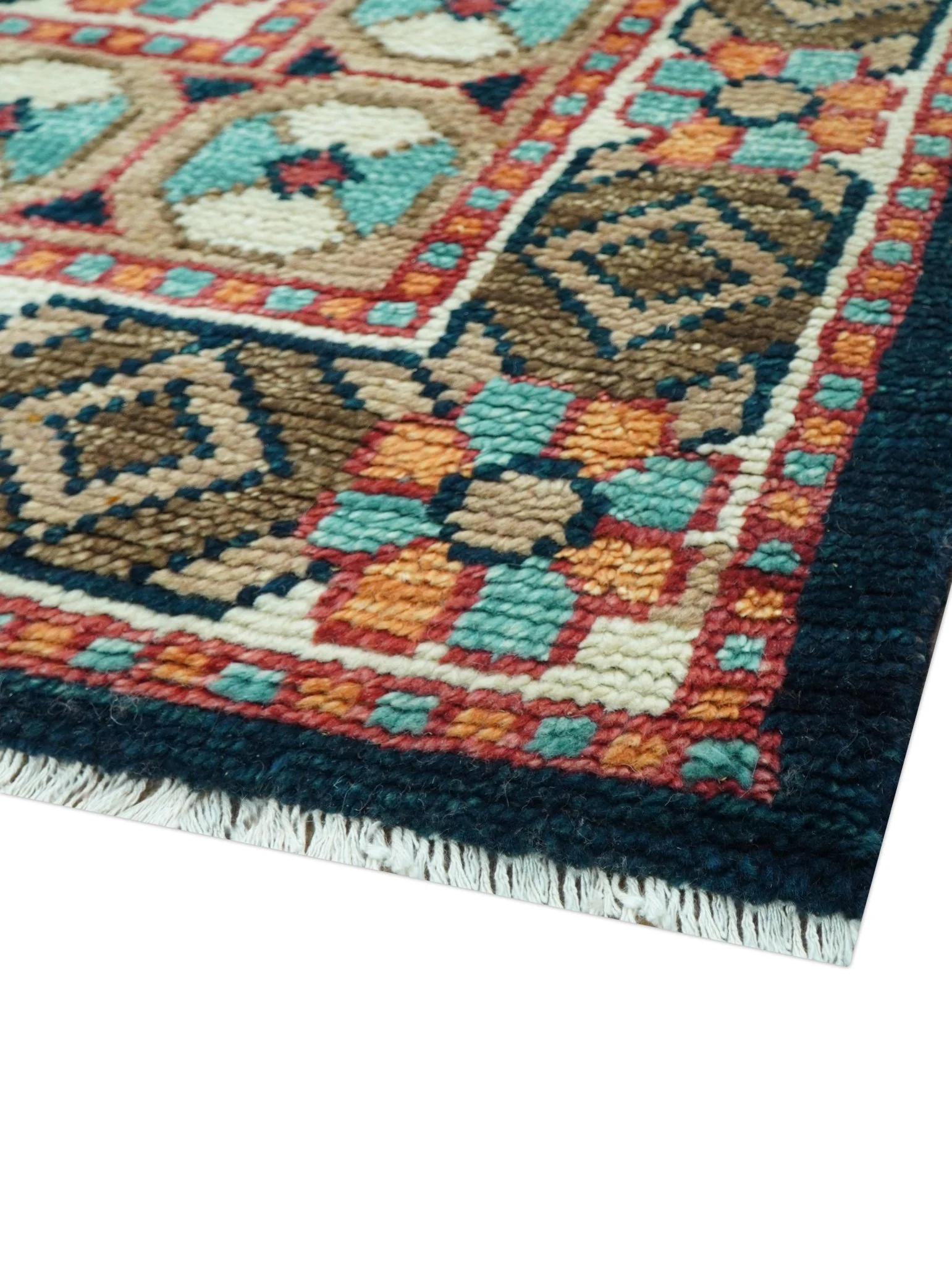 Custom Made Teal And Brown Traditional Tribal Design Hand Knotted Wool Rug - Image 5