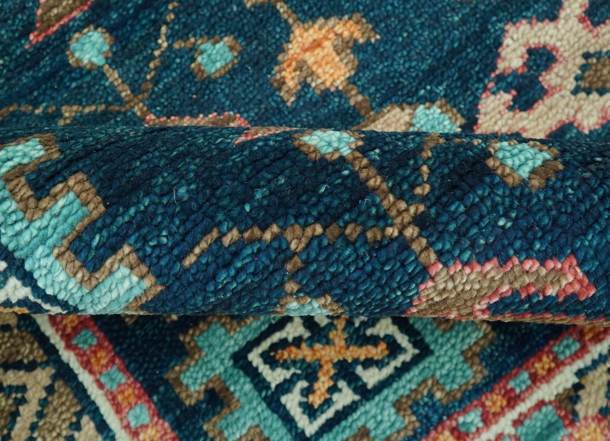 Custom Made Teal And Brown Traditional Tribal Design Hand Knotted Wool Rug - Image 7