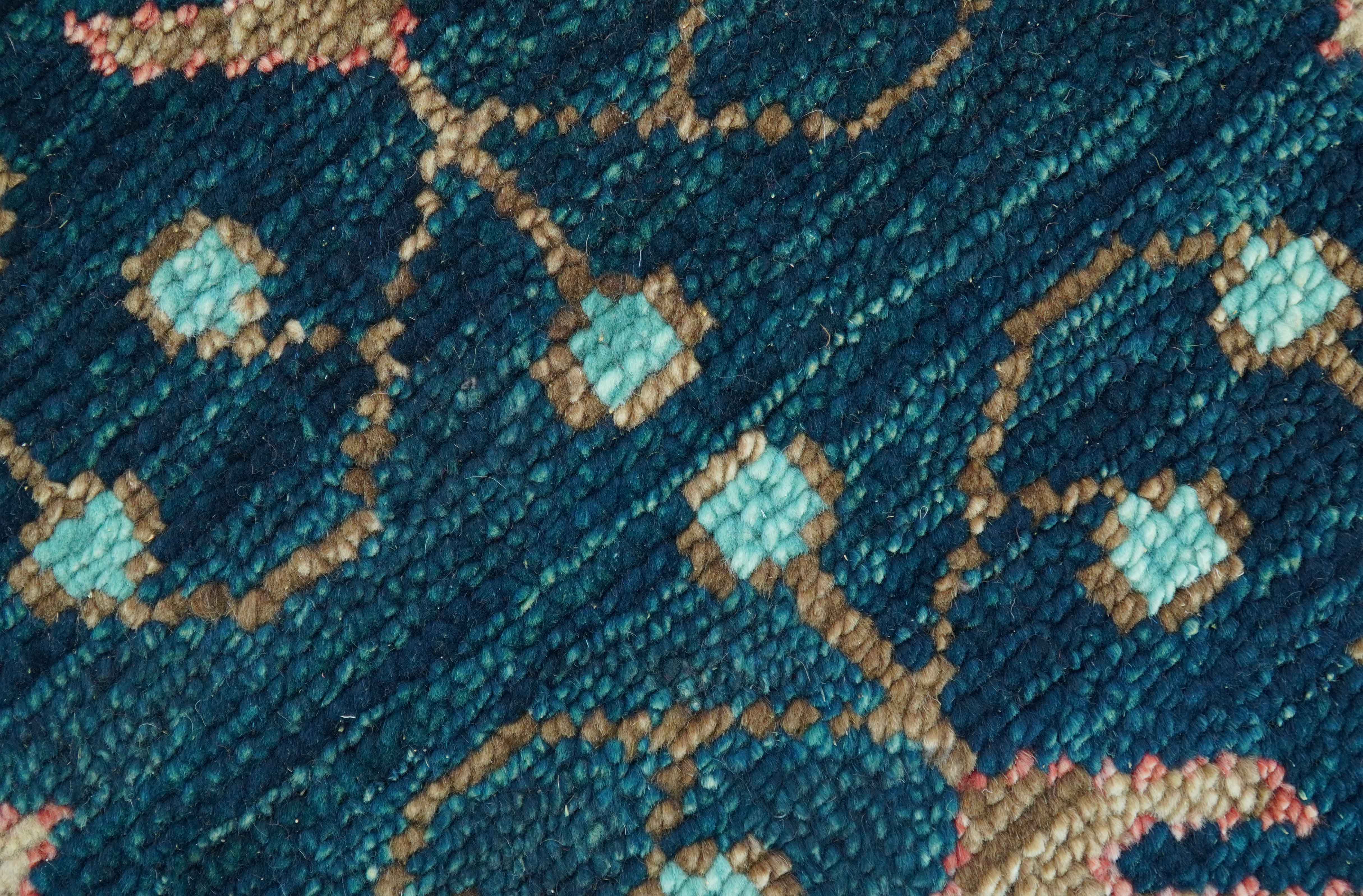 Custom Made Teal And Brown Traditional Tribal Design Hand Knotted Wool Rug - Image 8
