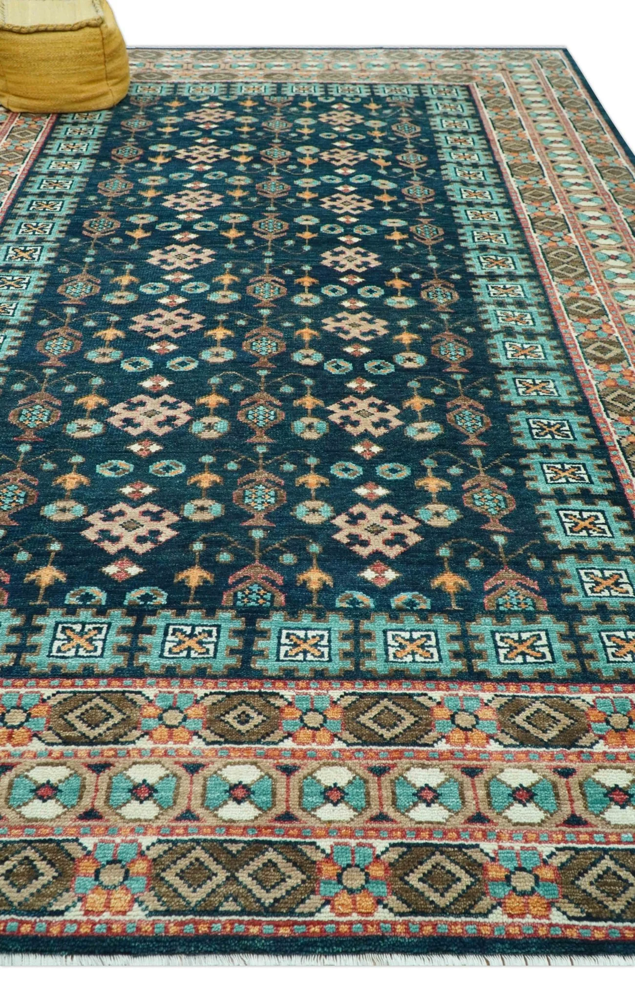 Custom Made Teal And Brown Traditional Tribal Design Hand Knotted Wool Rug - Image 9