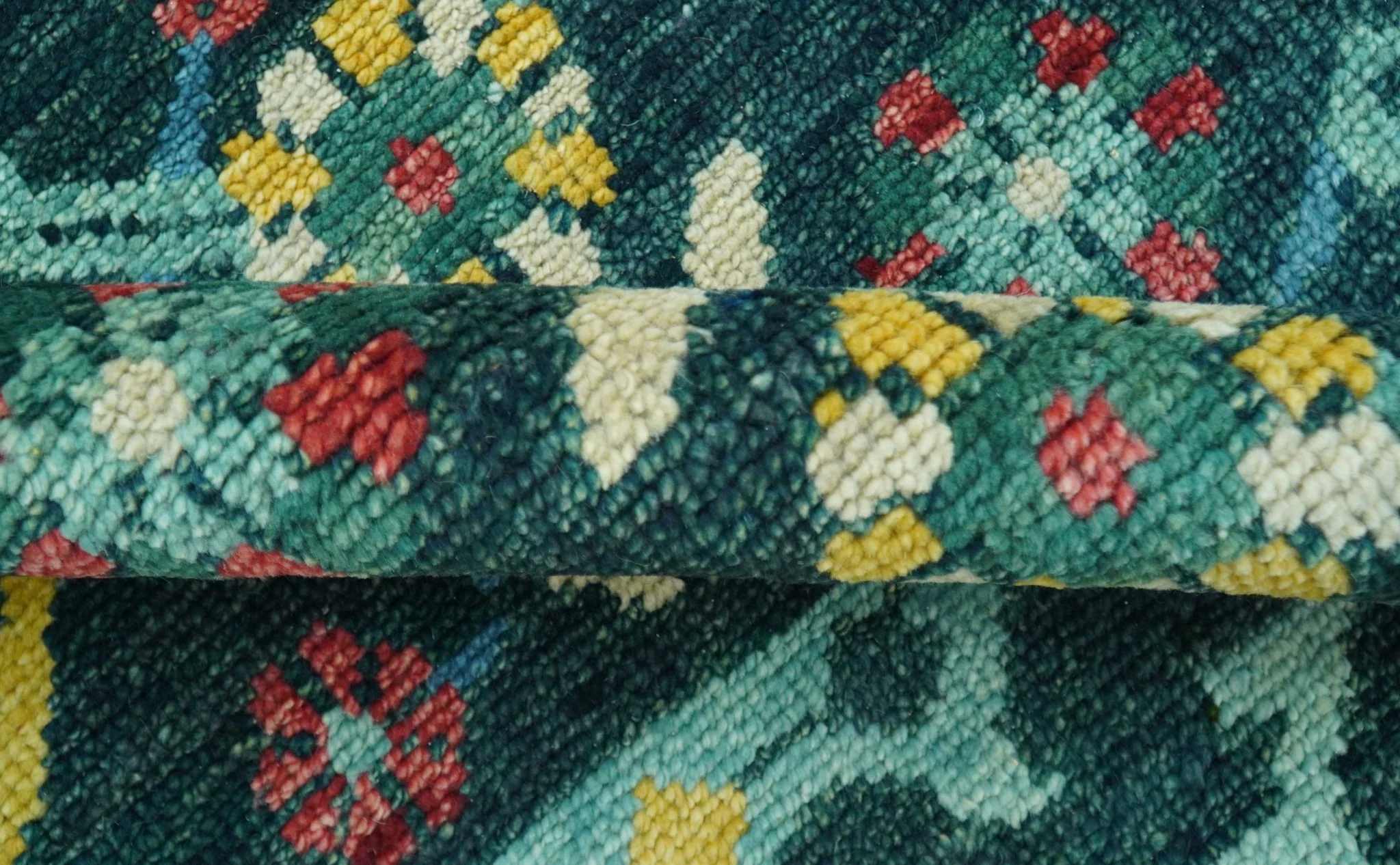Custom Made Teal And Mustard Traditional Floral Motifs Hand Knotted Wool Rug - Image 10