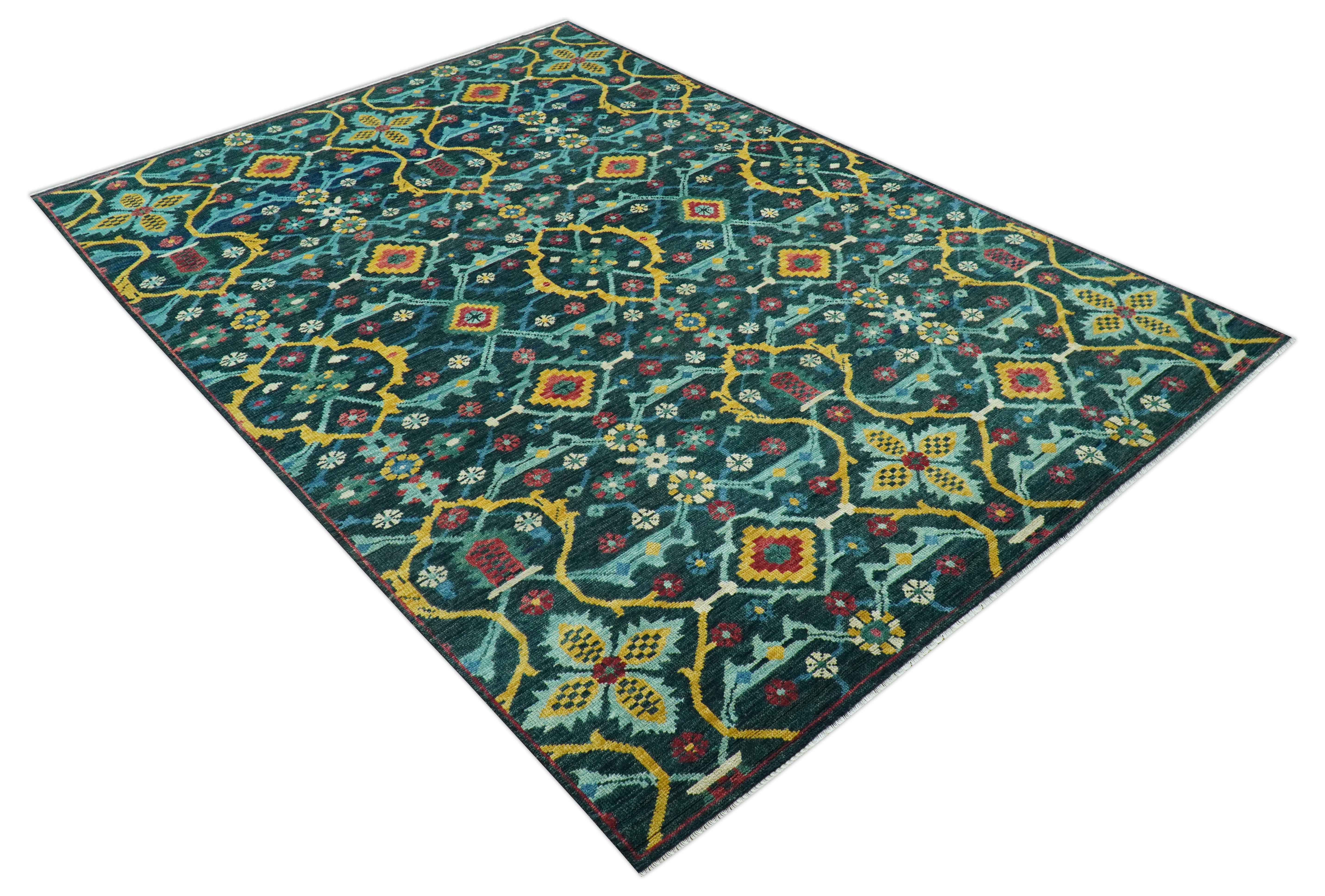 Custom Made Teal And Mustard Traditional Floral Motifs Hand Knotted Wool Rug - Image 11