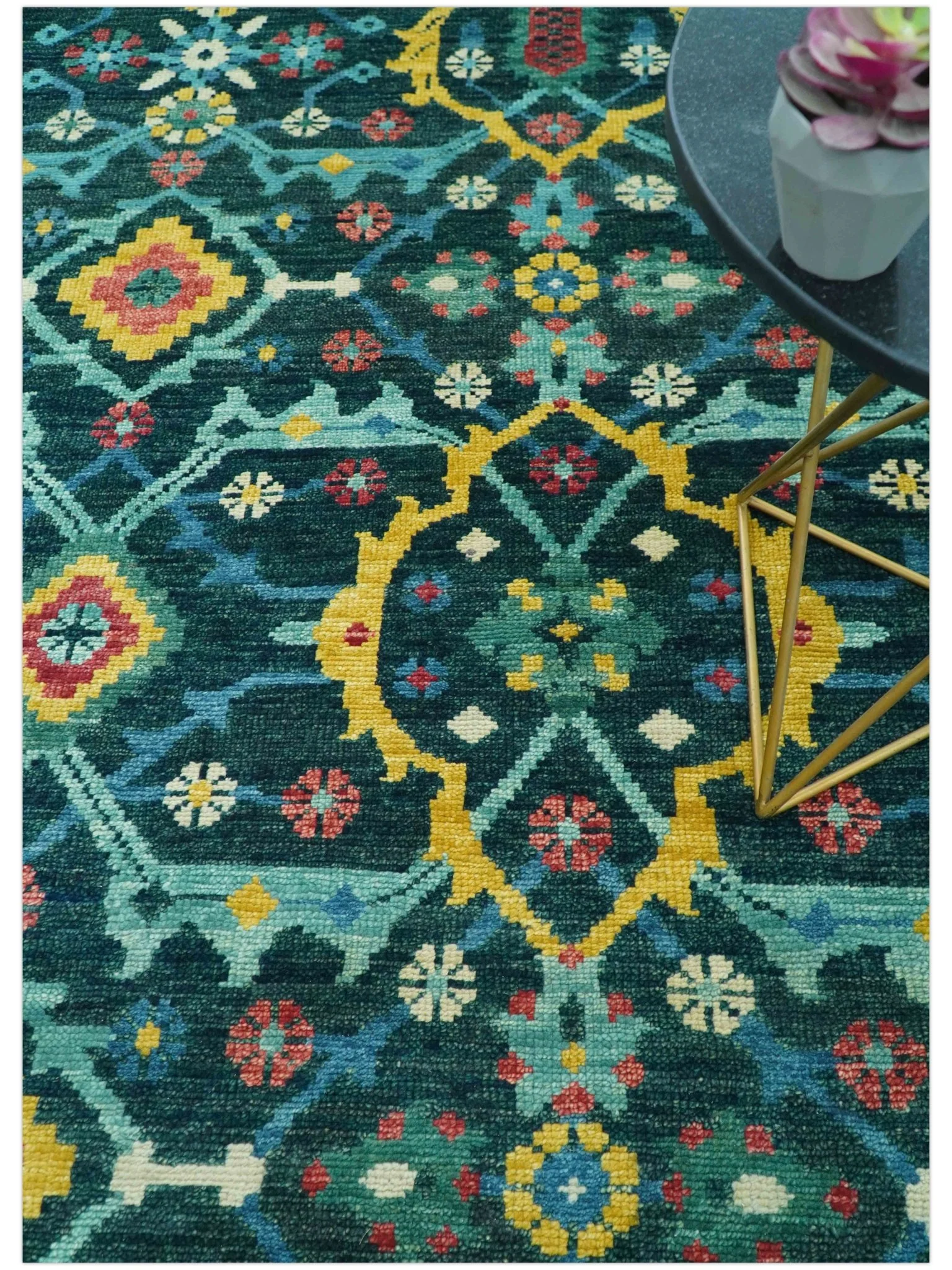 Custom Made Teal And Mustard Traditional Floral Motifs Hand Knotted Wool Rug - Image 3