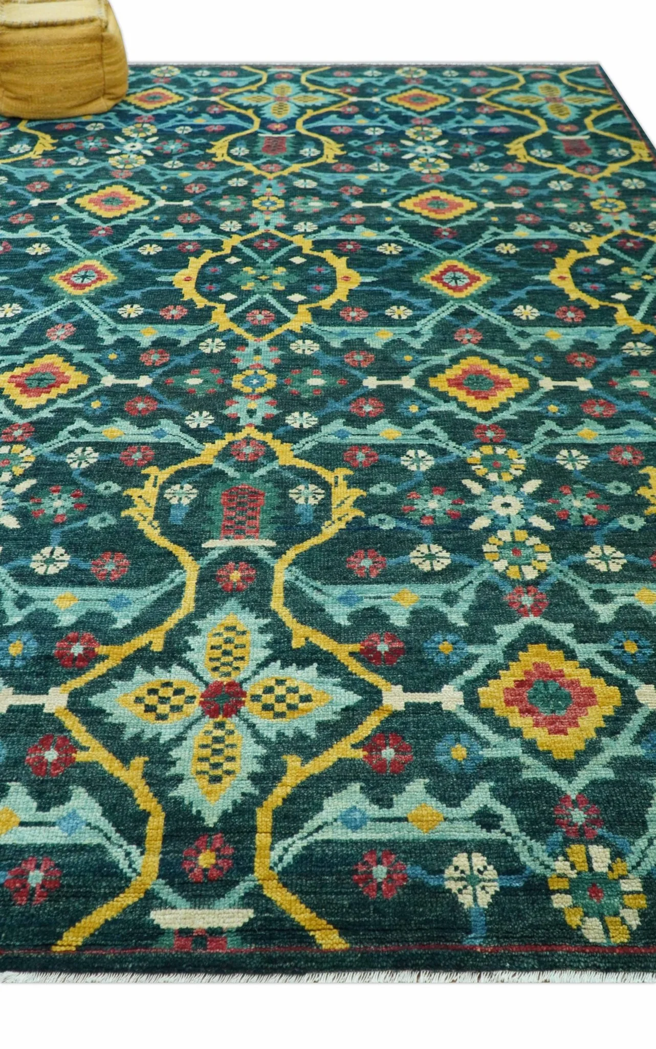 Custom Made Teal And Mustard Traditional Floral Motifs Hand Knotted Wool Rug - Image 4