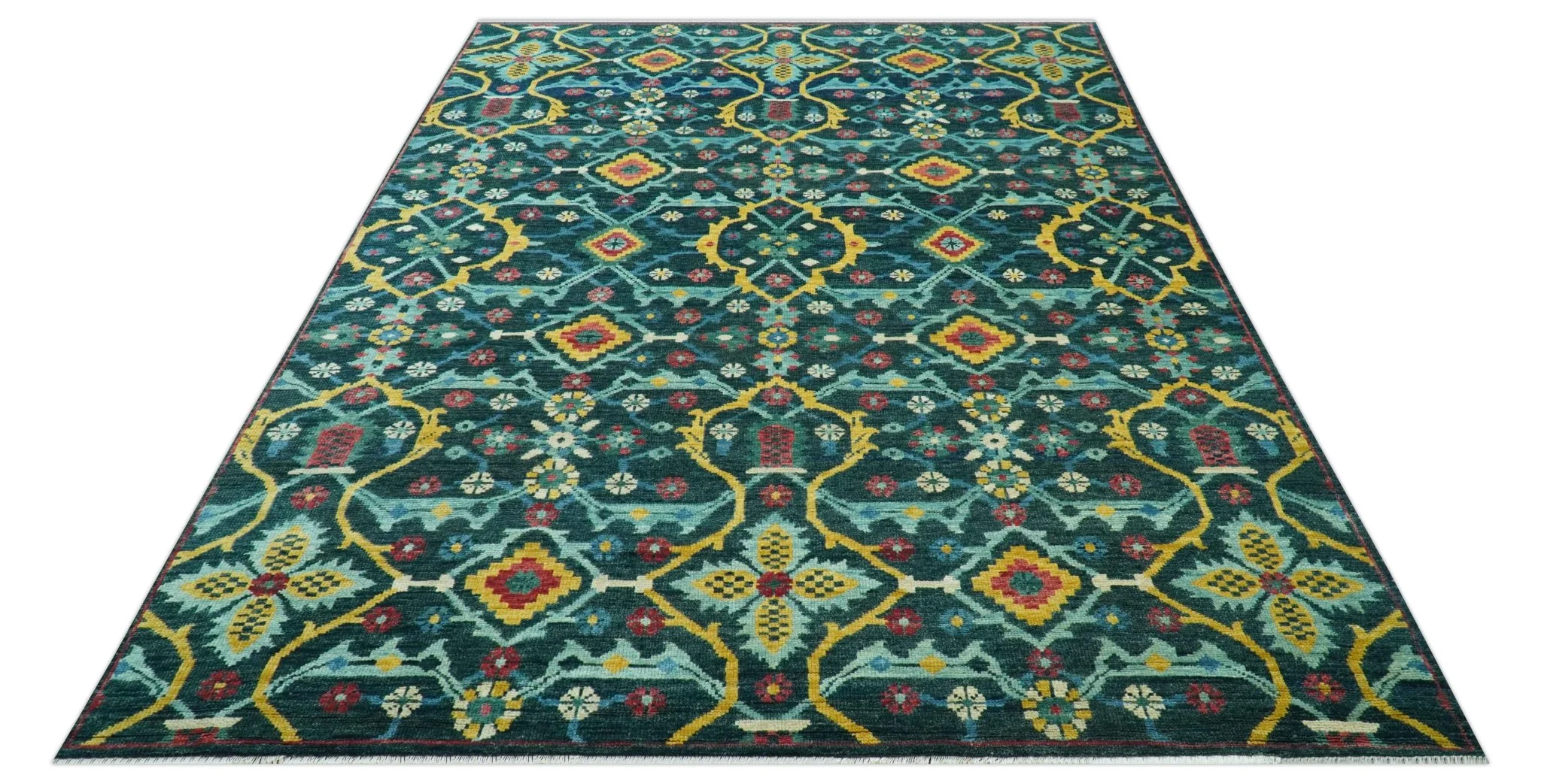 Custom Made Teal And Mustard Traditional Floral Motifs Hand Knotted Wool Rug - Image 5