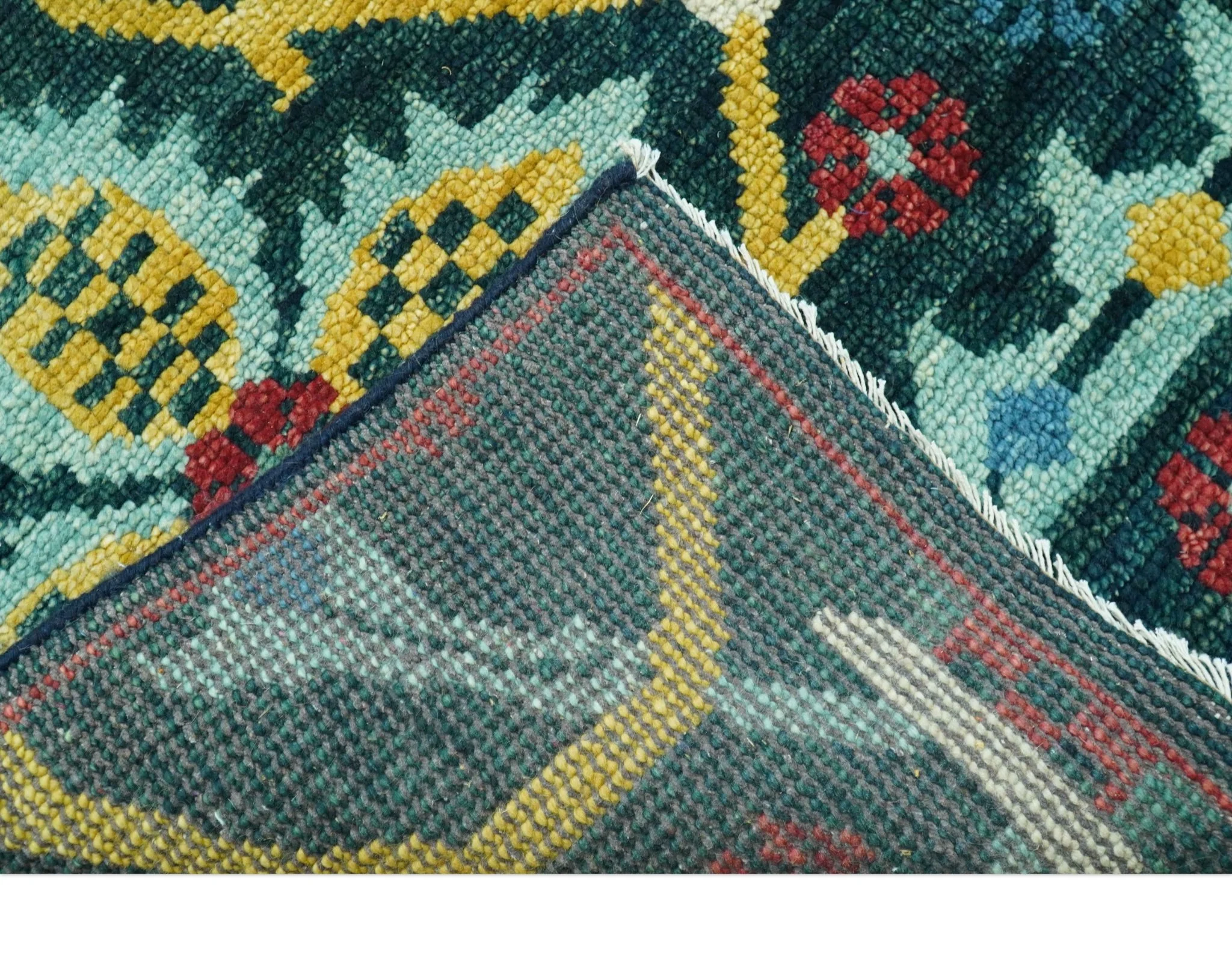 Custom Made Teal And Mustard Traditional Floral Motifs Hand Knotted Wool Rug - Image 6