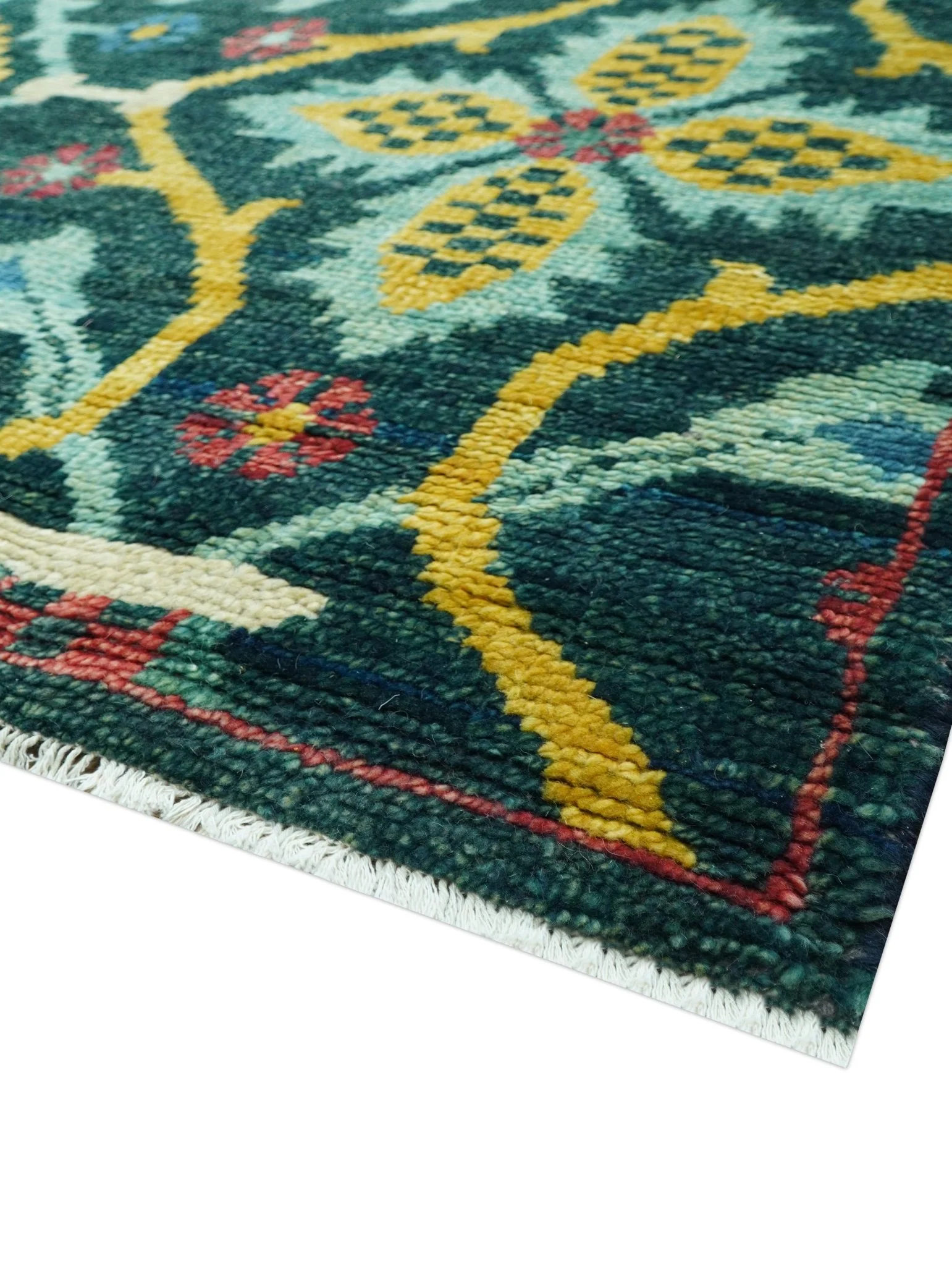 Custom Made Teal And Mustard Traditional Floral Motifs Hand Knotted Wool Rug - Image 7