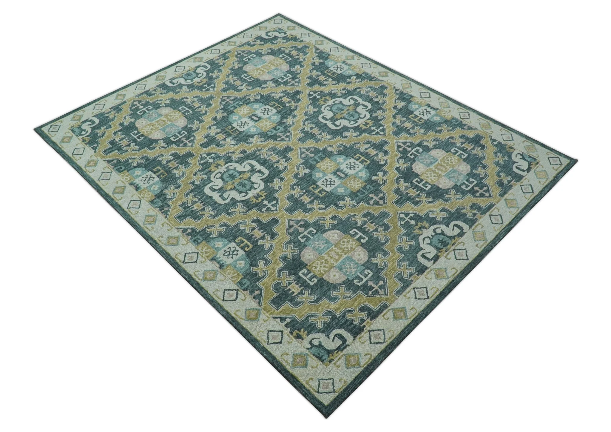 Taj Custom Made Teal Traditional Design Hand Tufted Wool Rug - Image 10
