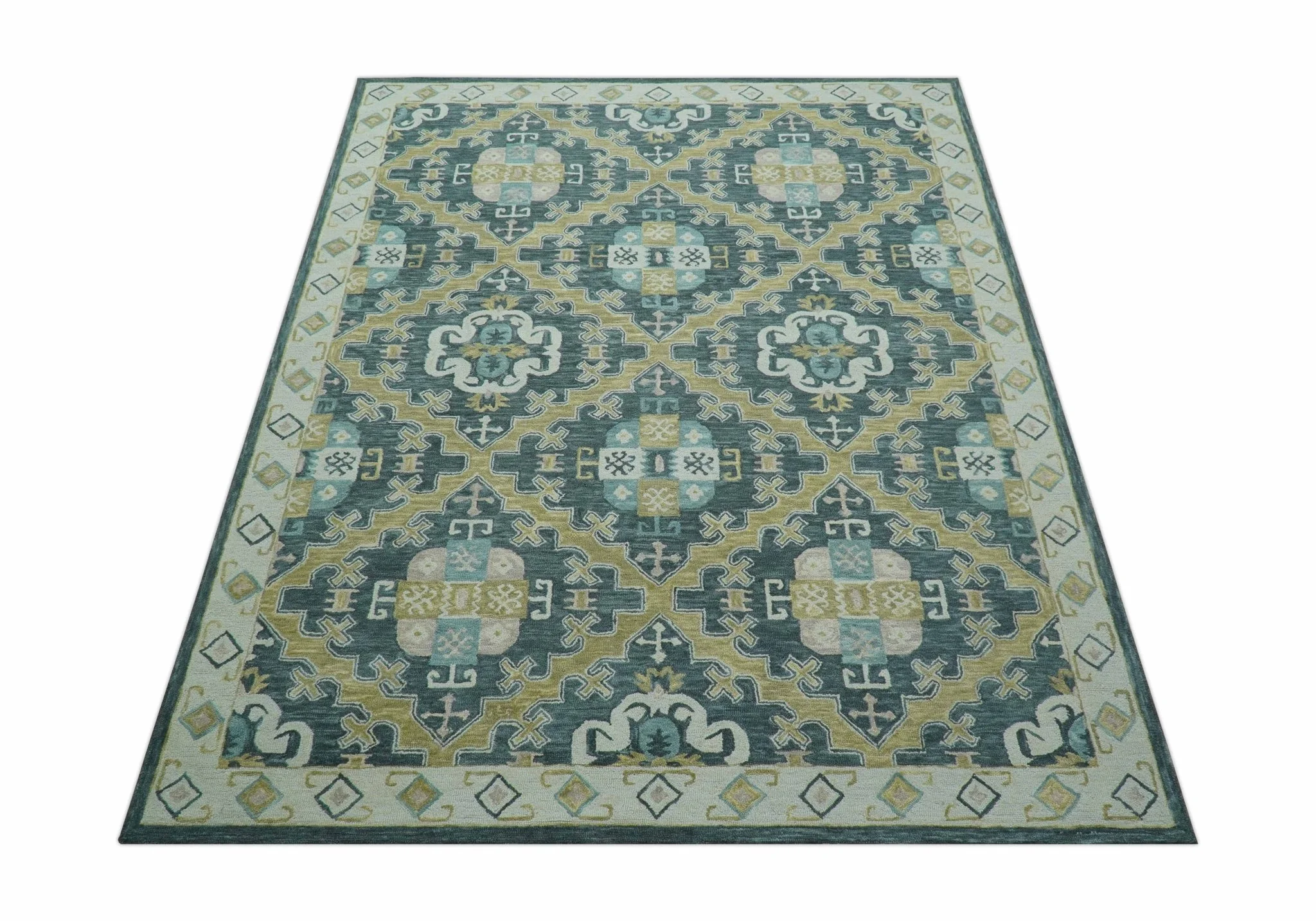 Taj Custom Made Teal Traditional Design Hand Tufted Wool Rug - Image 11