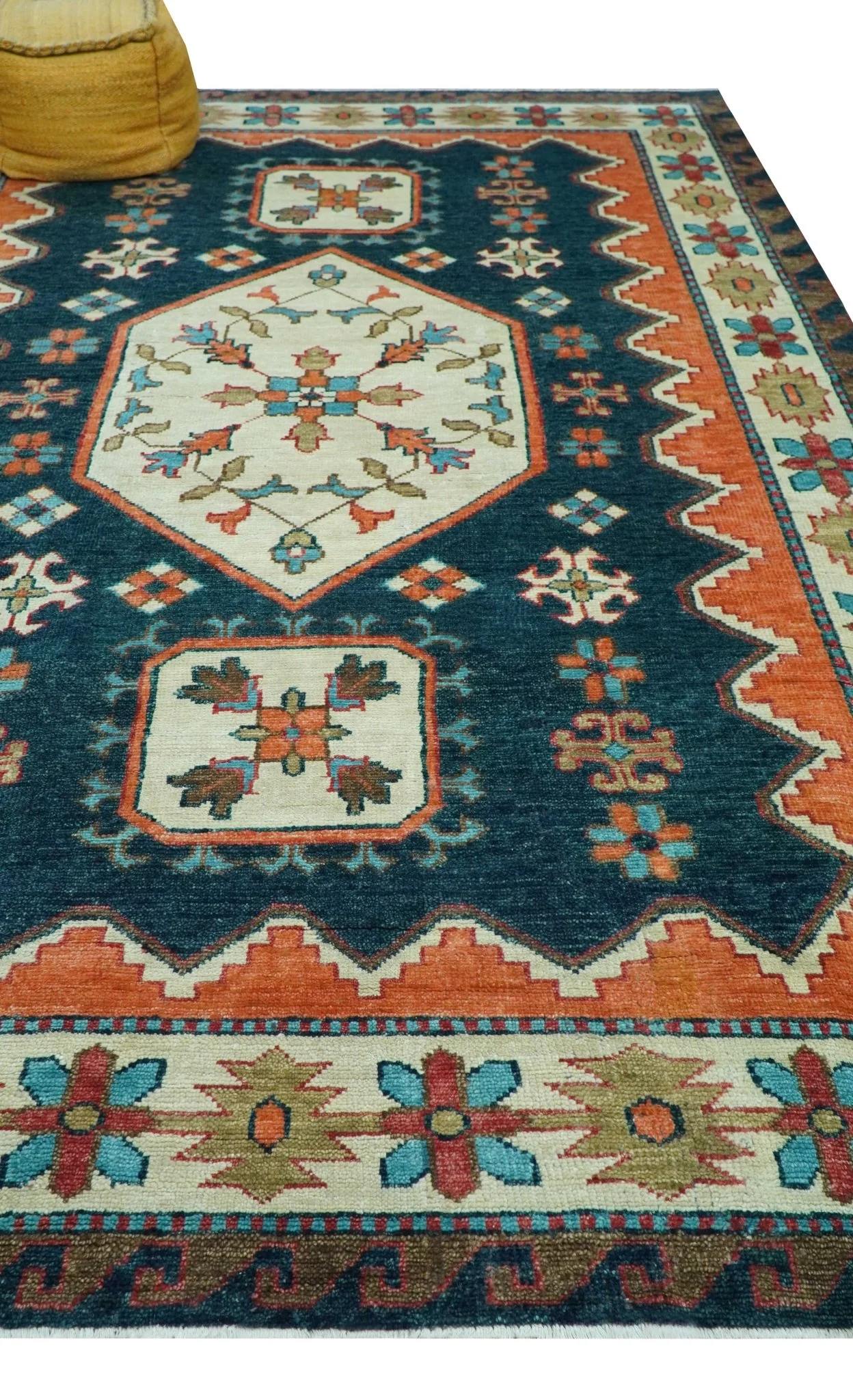 Custom Made Traditional Blue And Ivory Hand Knotted Wool Rug - Image 11