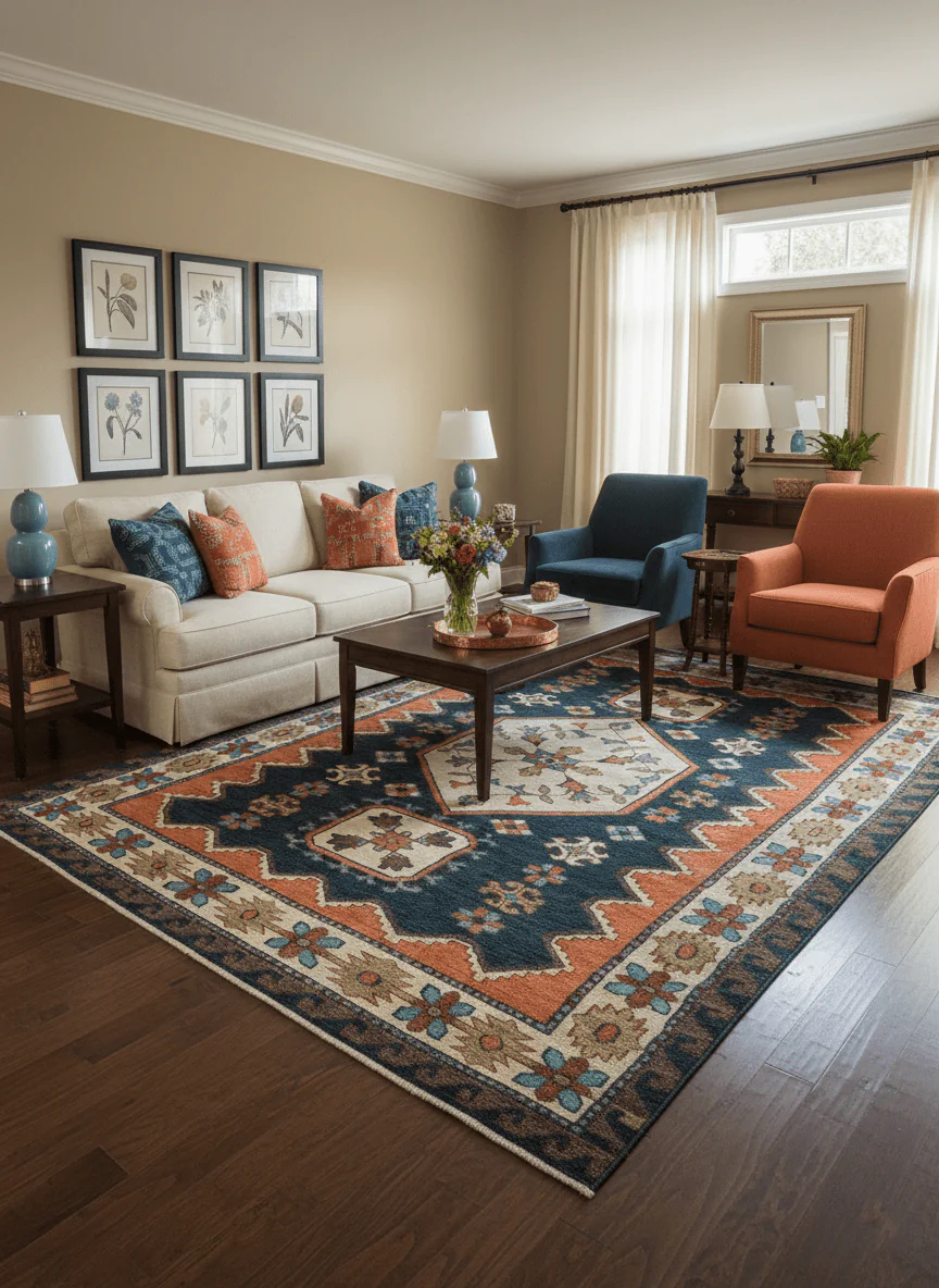 Custom Made Traditional Blue And Ivory Hand Knotted Wool Rug - Image 2