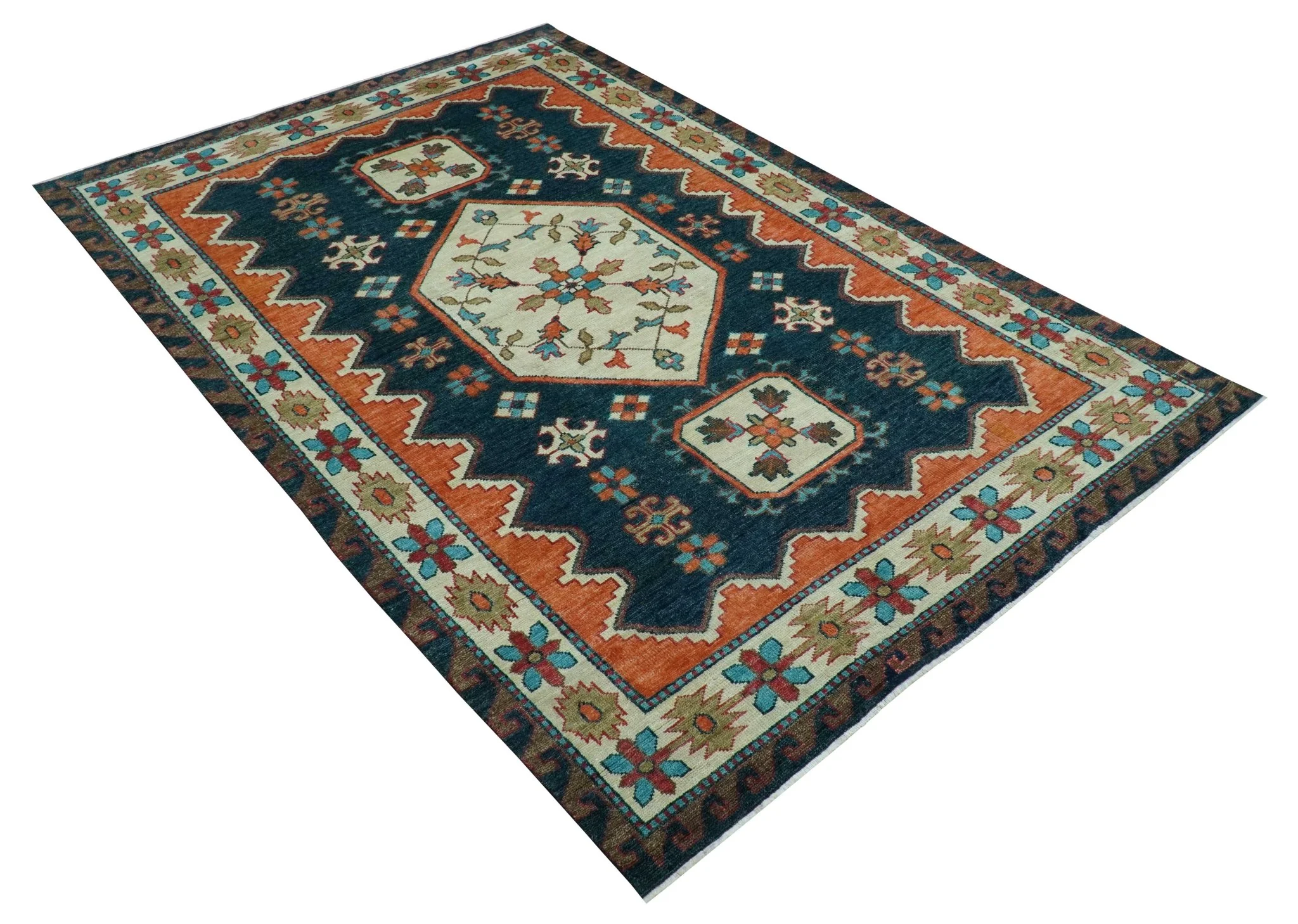 Custom Made Traditional Blue And Ivory Hand Knotted Wool Rug - Image 4