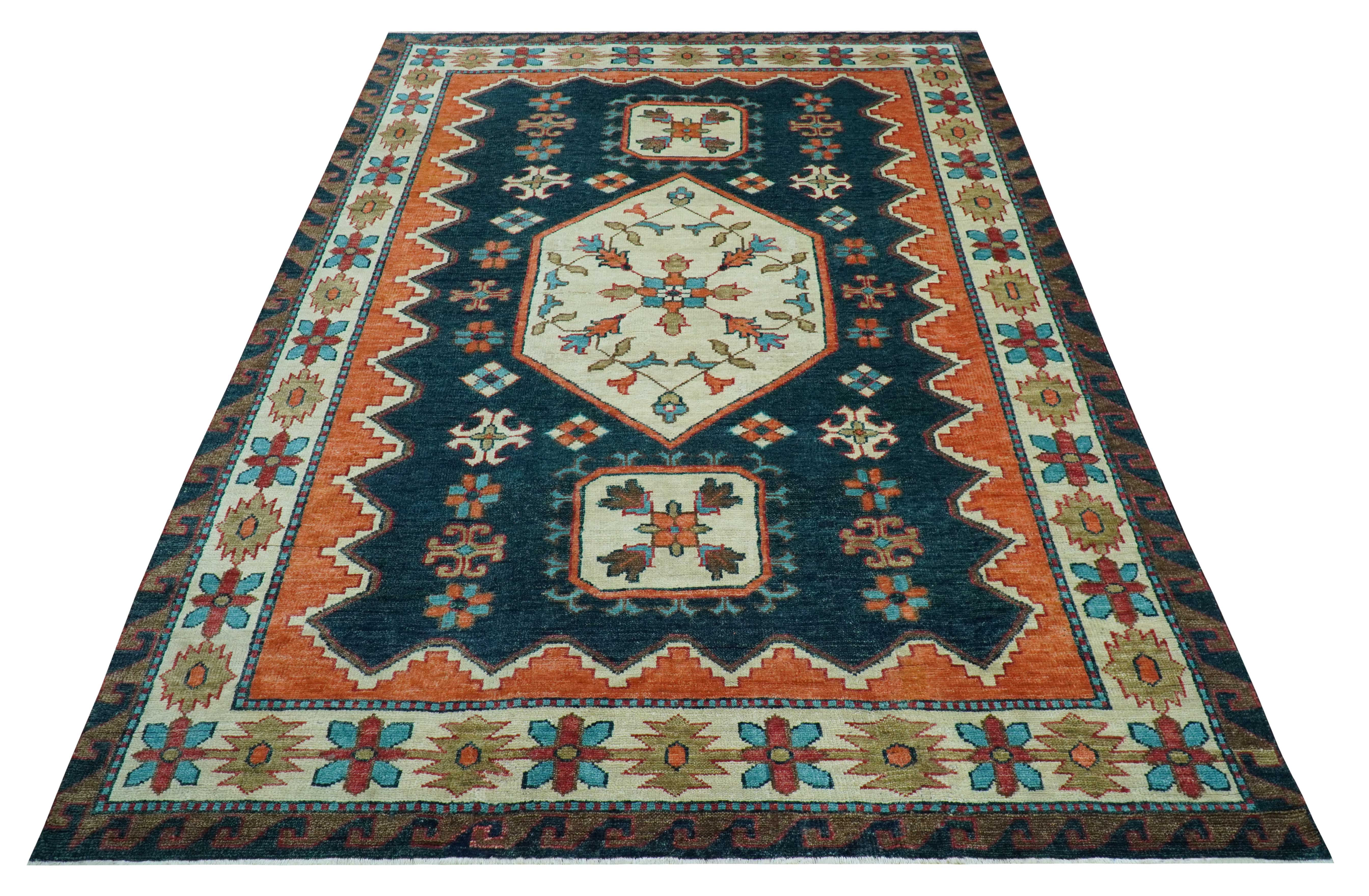 Custom Made Traditional Blue And Ivory Hand Knotted Wool Rug - Image 5