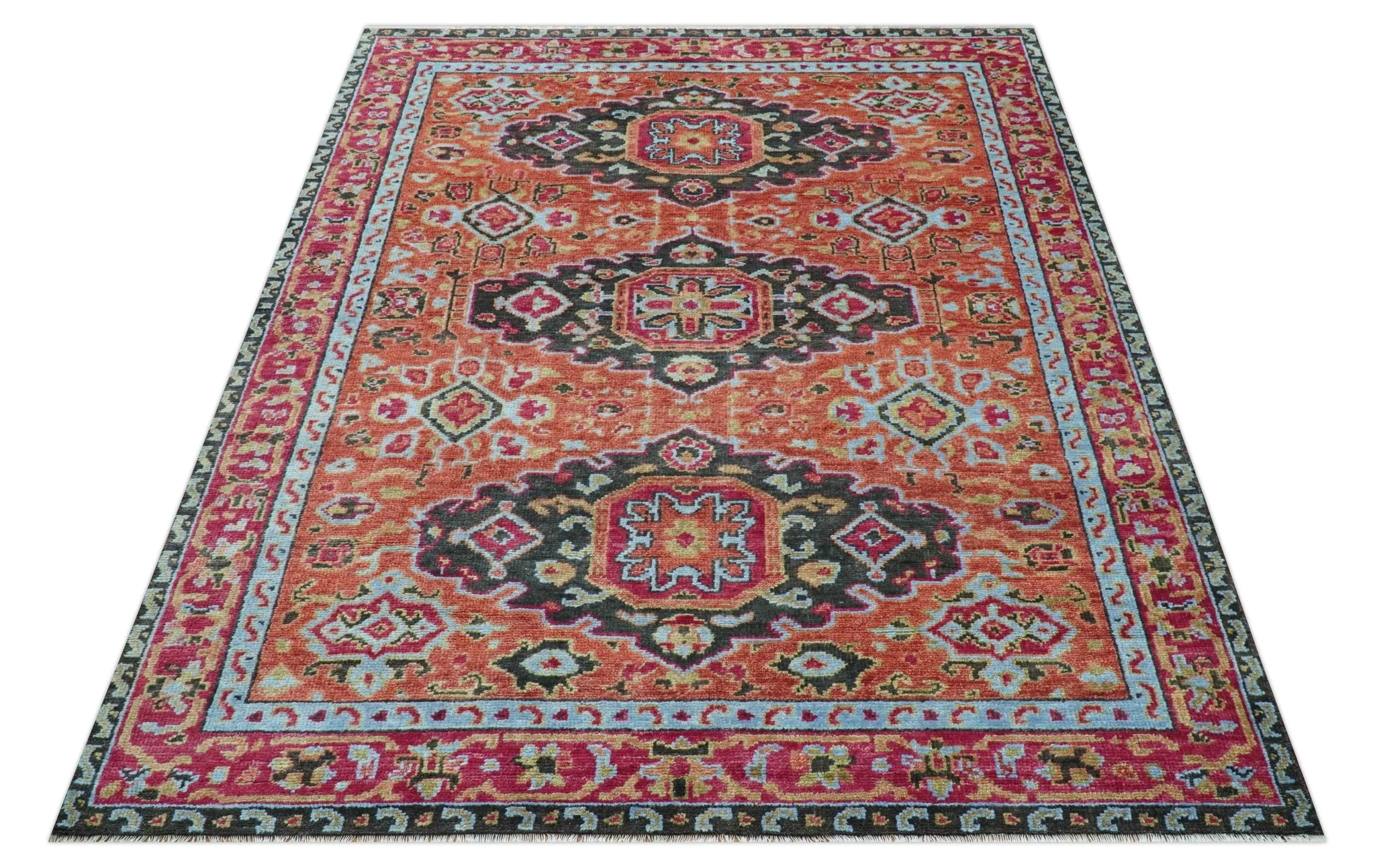 Custom Made Traditional Central Medallions Design Rust And Black Hand Knotted Wool Rug - Image 11