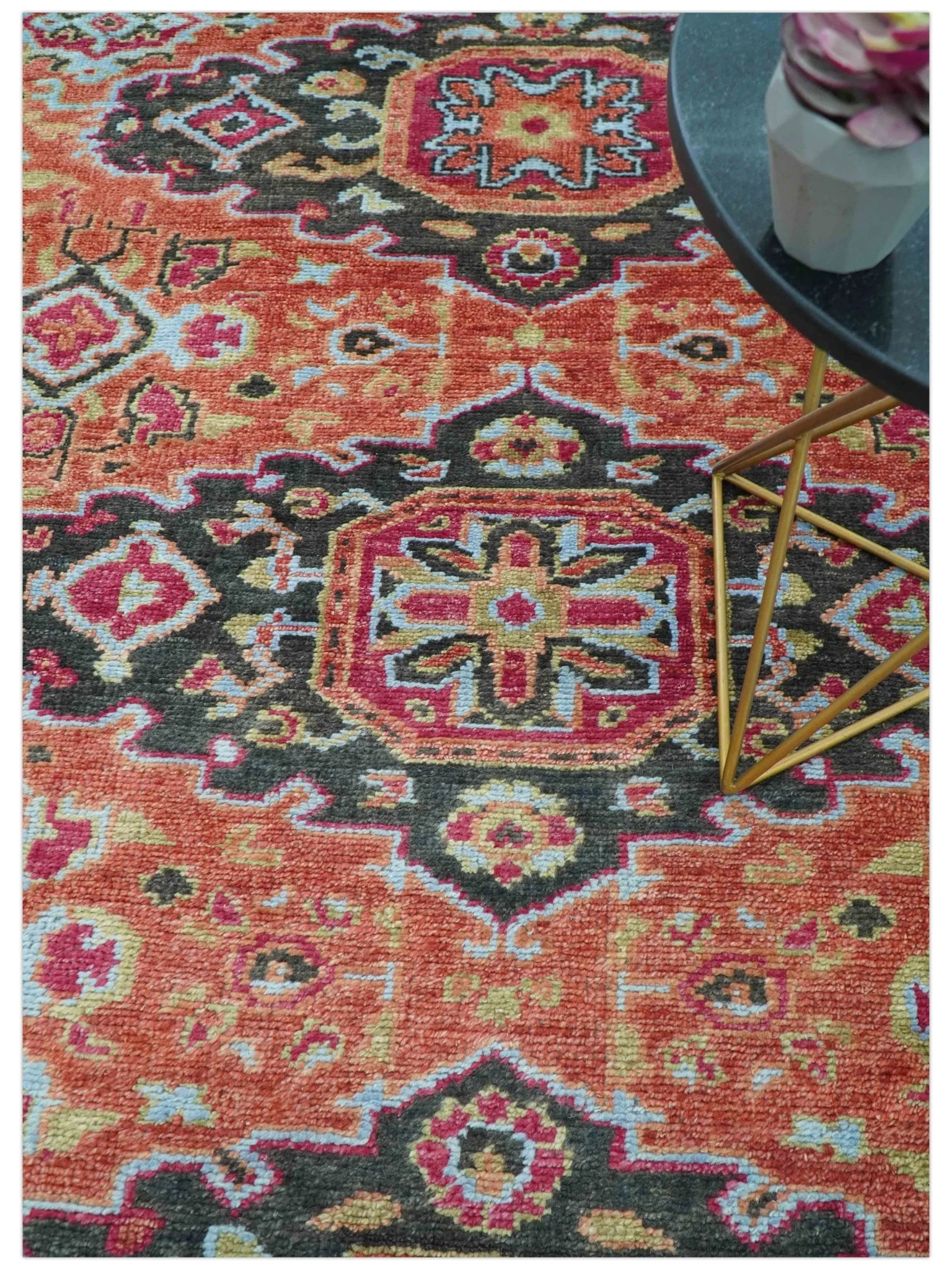 Custom Made Traditional Central Medallions Design Rust And Black Hand Knotted Wool Rug - Image 3
