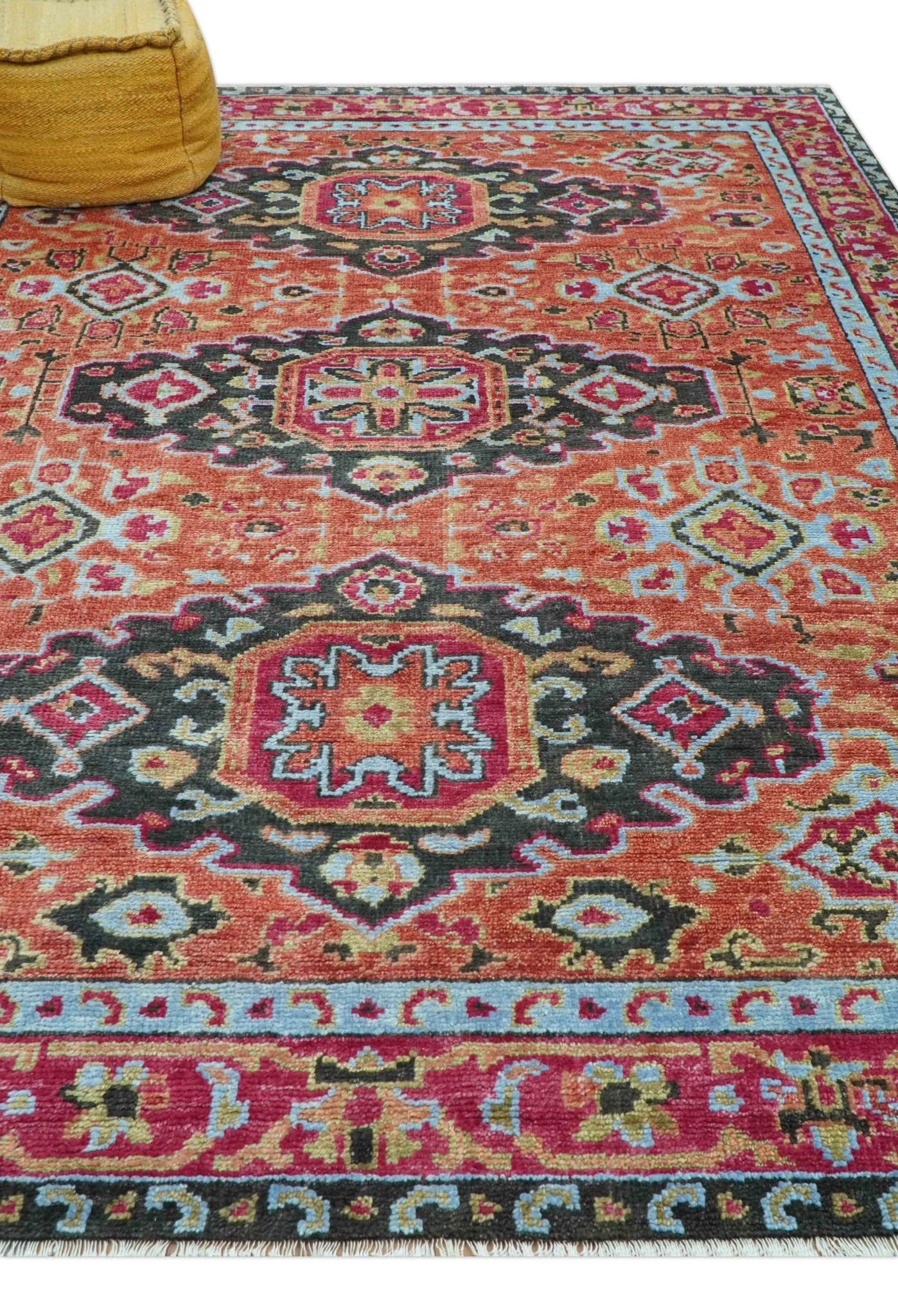 Custom Made Traditional Central Medallions Design Rust And Black Hand Knotted Wool Rug - Image 4