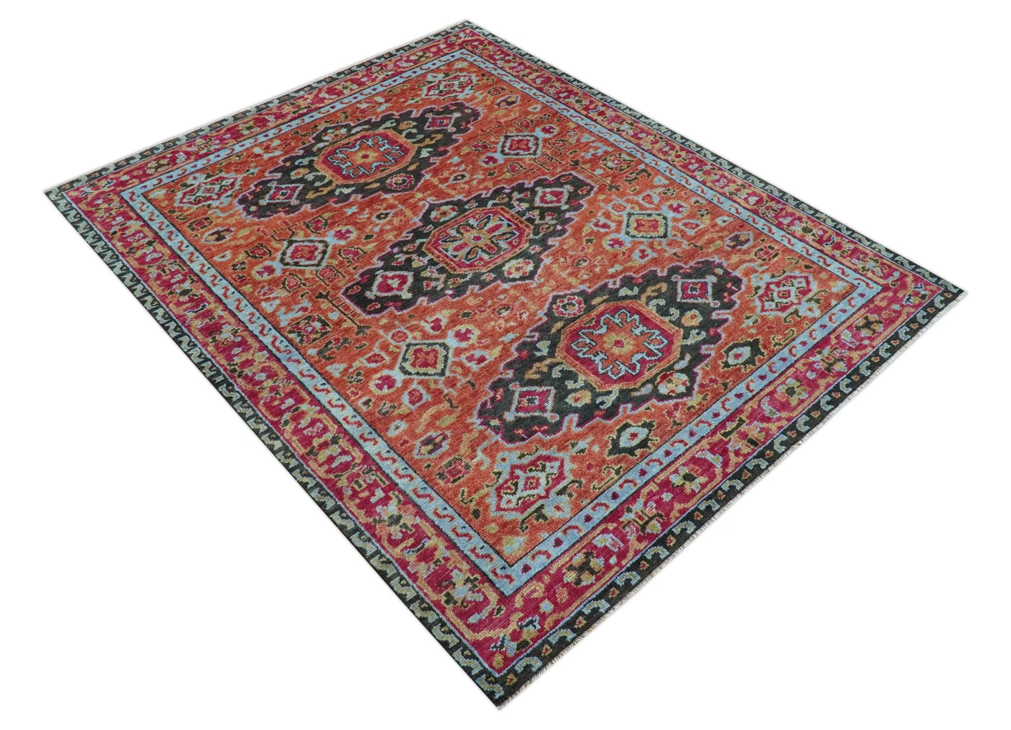 Custom Made Traditional Central Medallions Design Rust And Black Hand Knotted Wool Rug - Image 5