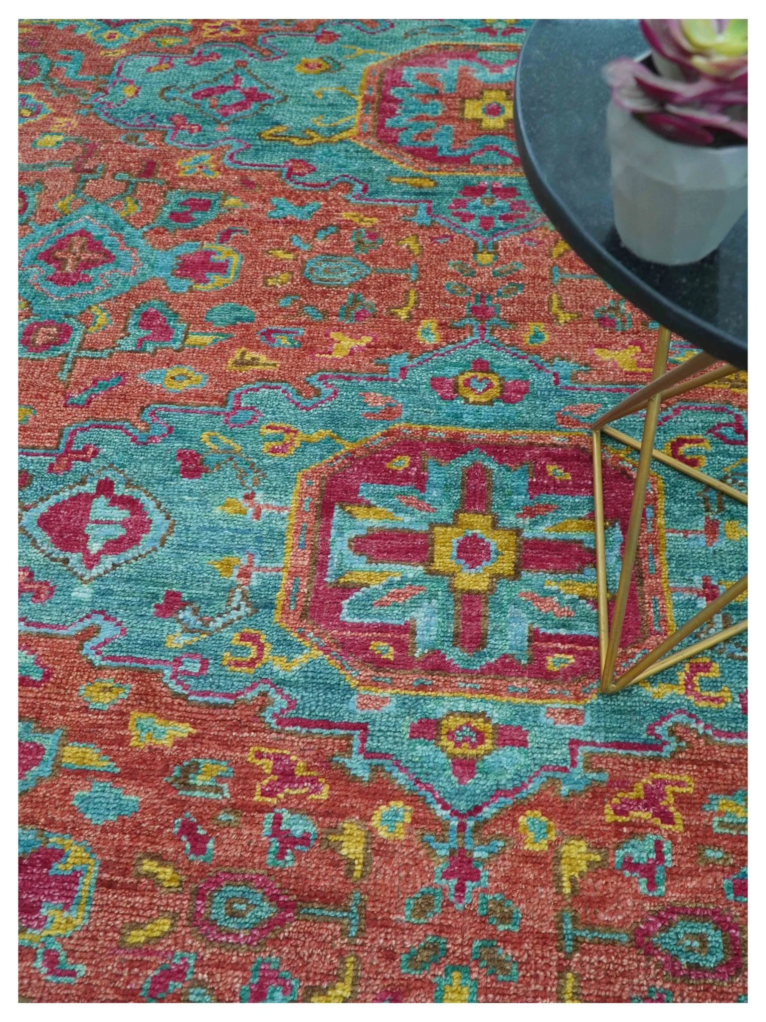 Custom Made Traditional Medallions Design Rust And Blue Hand Knotted Wool Rug - Image 3