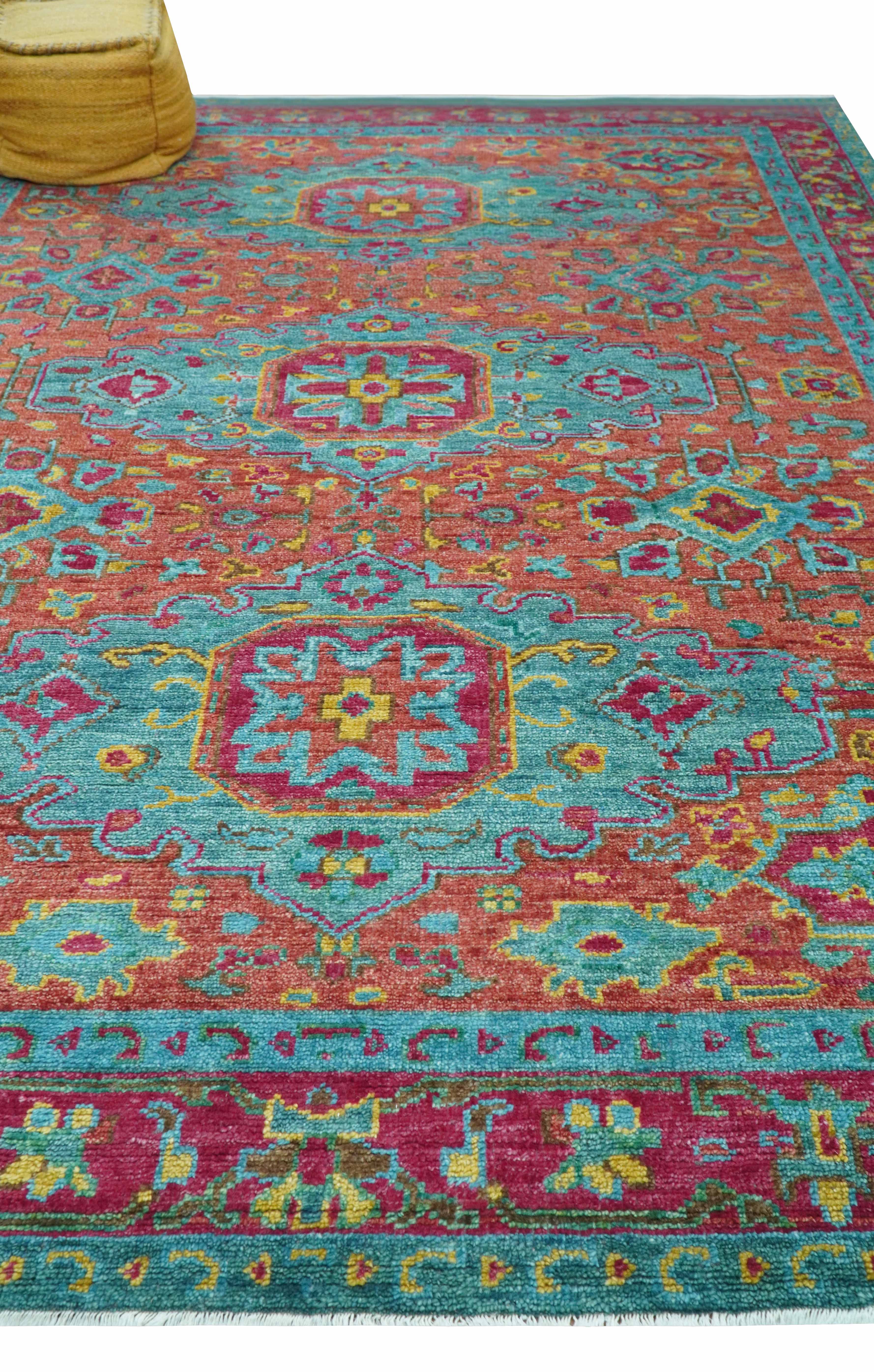 Custom Made Traditional Medallions Design Rust And Blue Hand Knotted Wool Rug - Image 4
