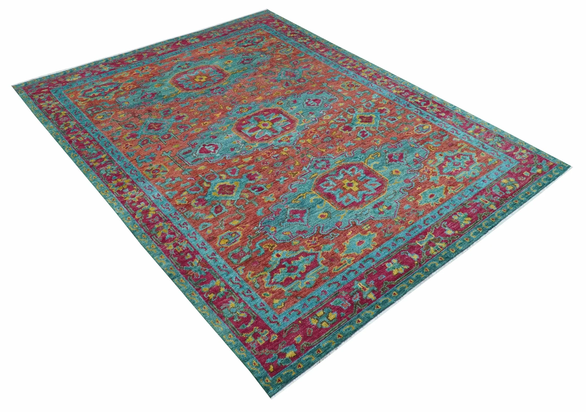 Custom Made Traditional Medallions Design Rust And Blue Hand Knotted Wool Rug - Image 5
