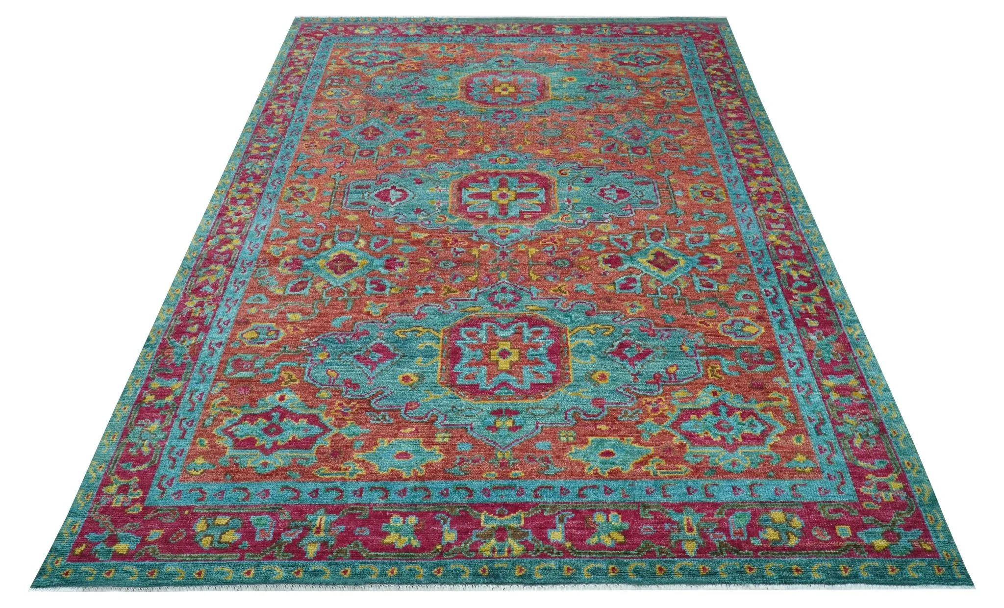 Custom Made Traditional Medallions Design Rust And Blue Hand Knotted Wool Rug - Image 6