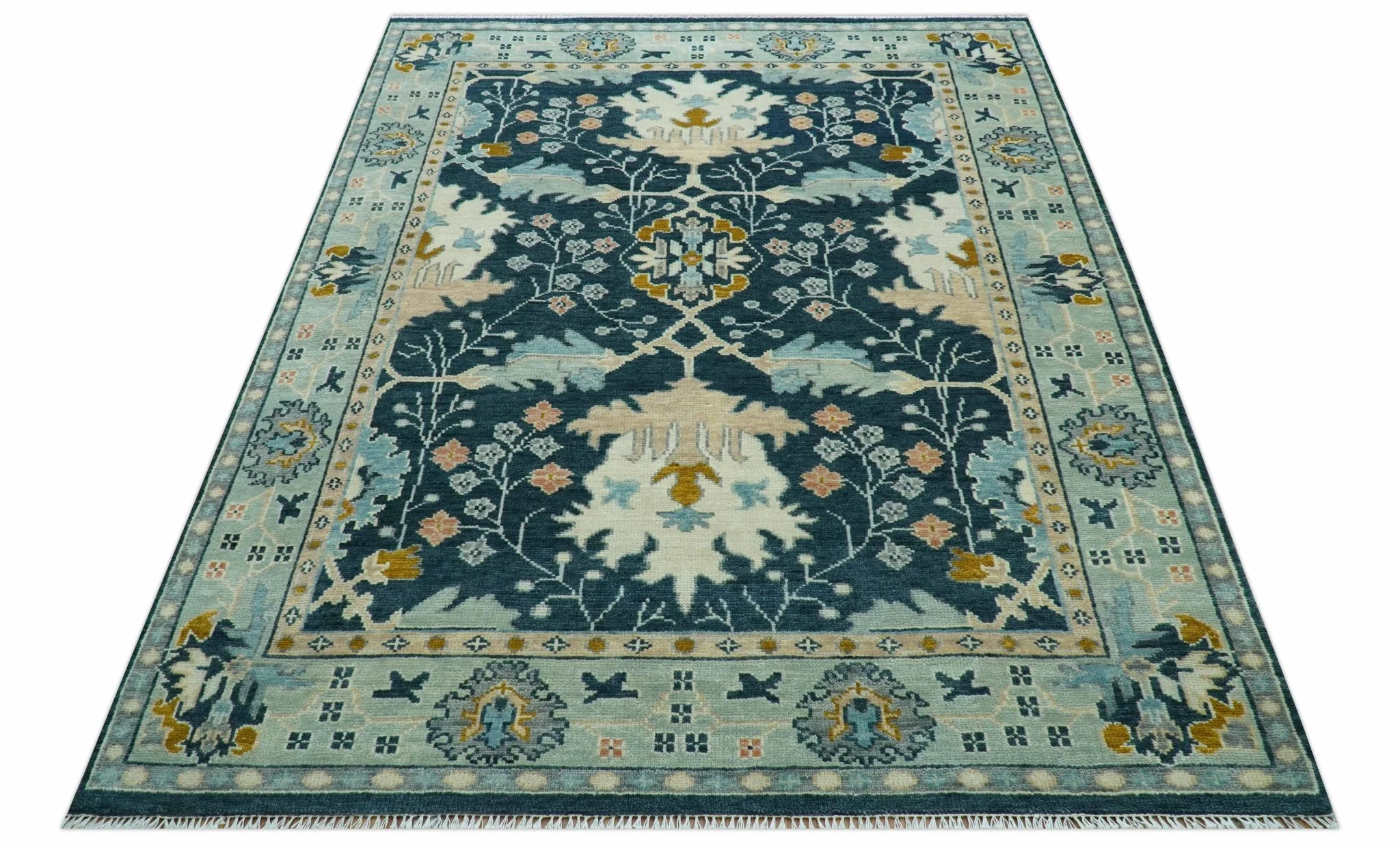 Custom Made Traditional Donegal Design Blue Hand Knotted wool area rug - Image 3