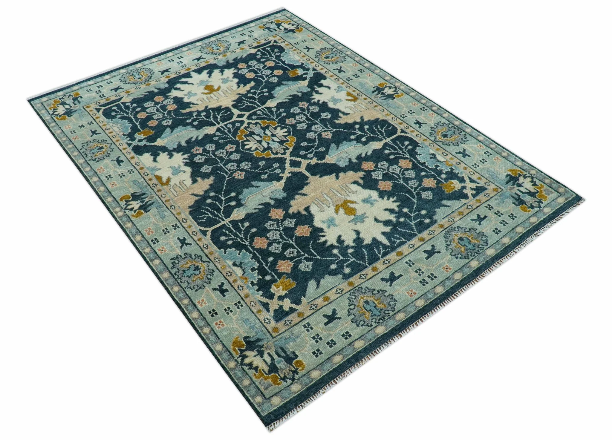 Custom Made Traditional Donegal Design Blue Hand Knotted wool area rug - Image 4