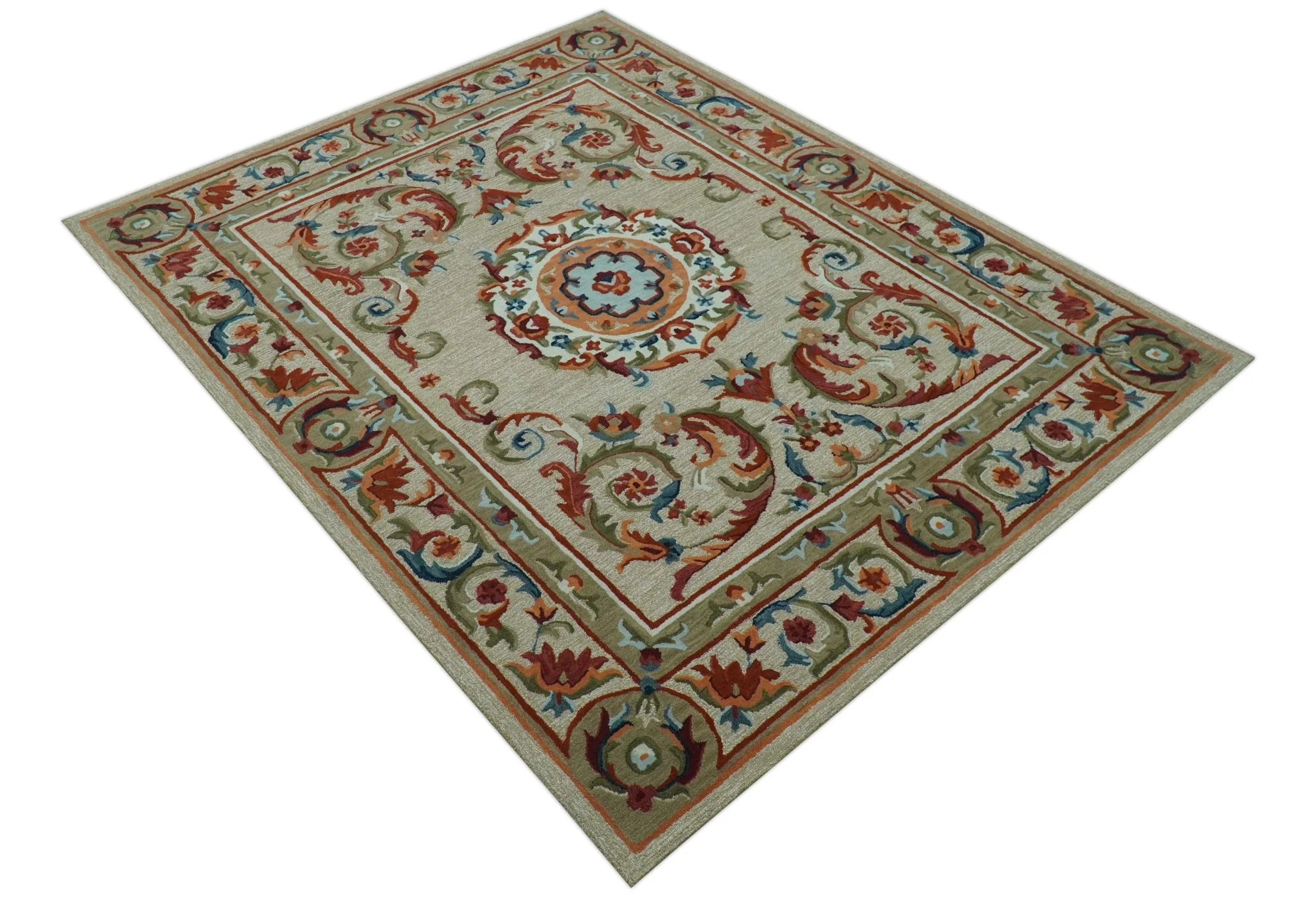 Custom Made Traditional Aubusson Design Beige And Brown Hand Tufted Wool Area Rug - Image 10
